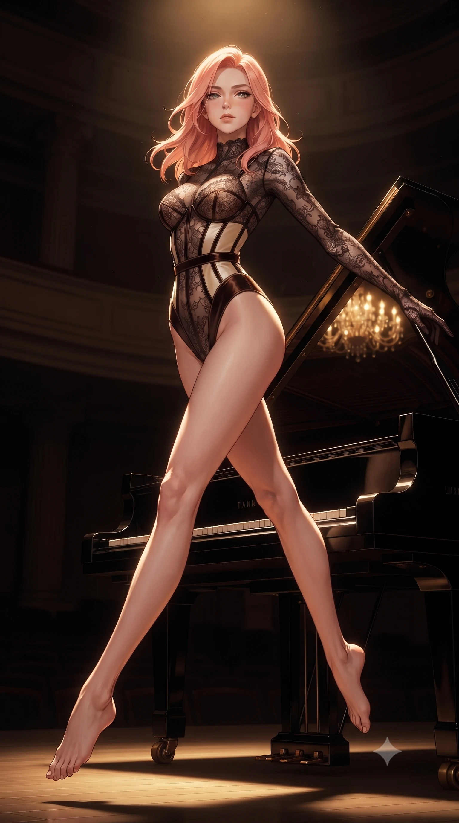 score_9, masterpiece, best quality, ultra-detailed, high-budget anime keyframe, editorial fashion photography, tasteful artistic composition, Japanese woman. low angle full-body shot from head to toe showing her feet, filling the entire 9:16 vertical frame with her statuesque presence, stretching her vertical silhouette. leaping gracefully through the environment with statuesque elegance and long slender legs resting against the open lid of a grand piano as golden stage light traces her form, dramatic chiaroscuro lighting isolating her form in a dark auditorium. She has an absolutely perfect, statuesque 8.5-heads proportion, an exceptionally tall and slender model-like female figure with impossibly long slender legs and an ultra-slim waist. sharp v-shaped jawline, high-bridge nose, intricate jewel-like eyes with depth, thick eyelashes, glossy lips with a natural sheen. wearing a sheer dark lace pattern bodysuit with structured corsetry boning in espresso brown and warm cream, made of premium stretch velvet with a rich sheen, featuring clean architectural cutouts along her slender torso, the glove-like fit emphasizing her statuesque silhouette. illuminated by warm chandelier glow reflecting off polished black wood. highly saturated vibrant anime colors, detailed shading with soft gradients, rich glossy textures, high-contrast stereoscopic depth, volumetric dynamic lighting, master piece, 9:16 ratio