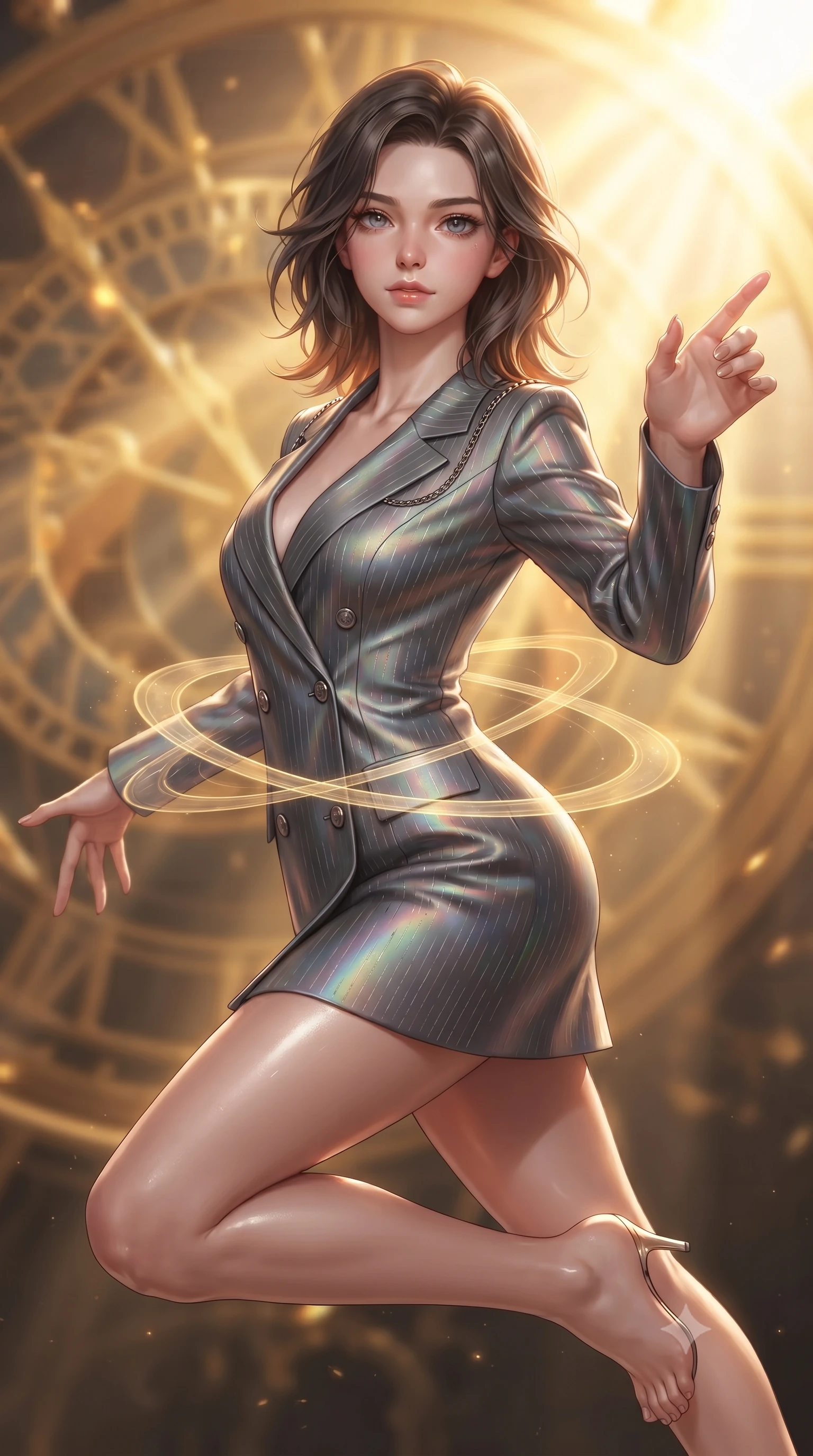score_9, masterpiece, best quality, ultra-detailed, high-budget anime keyframe, editorial fashion photography, tasteful artistic composition, Korean woman. close-up cowboy shot from the waist and thighs up, the character dominates the composition, filling the frame with her large presence, background elements kept in soft focus. Reaching her hand gracefully toward the camera with magnetic allure, her torso turning in a dynamic S-curve alignment while leaping through intense volumetric sunbeams filtering through a giant golden solar clockwork, translucent golden energy rings orbiting around her slender waist in mid-air. She has an exceptionally elegant, slender, and willowy female figure with an ultra-slim waist, a gracefully sculpted slender torso, and a refined silhouette. sharp v-shaped jawline, high-bridge nose, intricate jewel-like eyes with depth, thick eyelashes, glossy lips with a natural sheen, flawlessly proportioned anatomical accuracy, natural body alignment, perfectly sculpted elegant limbs, clean dynamic posture without body distortion. wearing a double-breasted blazer dress with subtle metallic pin-stripes in charcoal grey and platinum, crafted from iridescent chiffon that shifts colors in the light, adorned with delicate metallic chain straps along the neckline, the sleek second-skin texture accentuating her magnetic presence. bathed in glorious golden solar flares and intense warm sunburst backlighting. ultra-reflective glossy finish, specular highlights, metallic sheen, high-contrast stereoscopic depth, volumetric dynamic lighting, 2k, ultra detail, master piece, 9:16 ratio