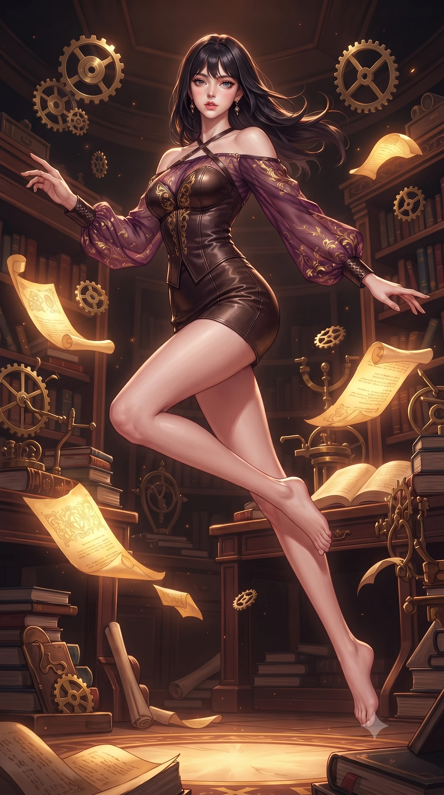 score_9, masterpiece, best quality, ultra-detailed, high-budget anime keyframe, editorial fashion photography, tasteful artistic composition, Korean woman. low angle full-body shot from head to toe showing her feet, filling the entire 9:16 vertical frame with her statuesque presence, stretching her vertical silhouette. leaping gracefully through the environment with statuesque elegance and long slender legs surrounded by floating antique brass gears and glowing golden parchment scrolls, rich mahogany and polished bronze textures reflecting warm hearth light. She has an absolutely perfect, statuesque 8.5-heads proportion, an exceptionally tall and slender model-like female figure with impossibly long slender legs and an ultra-slim waist. sharp v-shaped jawline, high-bridge nose, intricate jewel-like eyes with depth, thick eyelashes, glossy lips with a natural sheen. wearing a tailored leather bustier over a sheer silk chiffon blouse in plum purple and gold filigree, made of premium stretch velvet with a rich sheen, complemented by criss-cross back straps highlighting her bare shoulders, the tailored fabric tightly following every curve of her athletic build. surrounded by warm hearth light and dramatic bronze rim highlights. highly saturated vibrant anime colors, detailed shading with soft gradients, rich glossy textures, high-contrast stereoscopic depth, volumetric dynamic lighting, master piece, 9:16 ratio