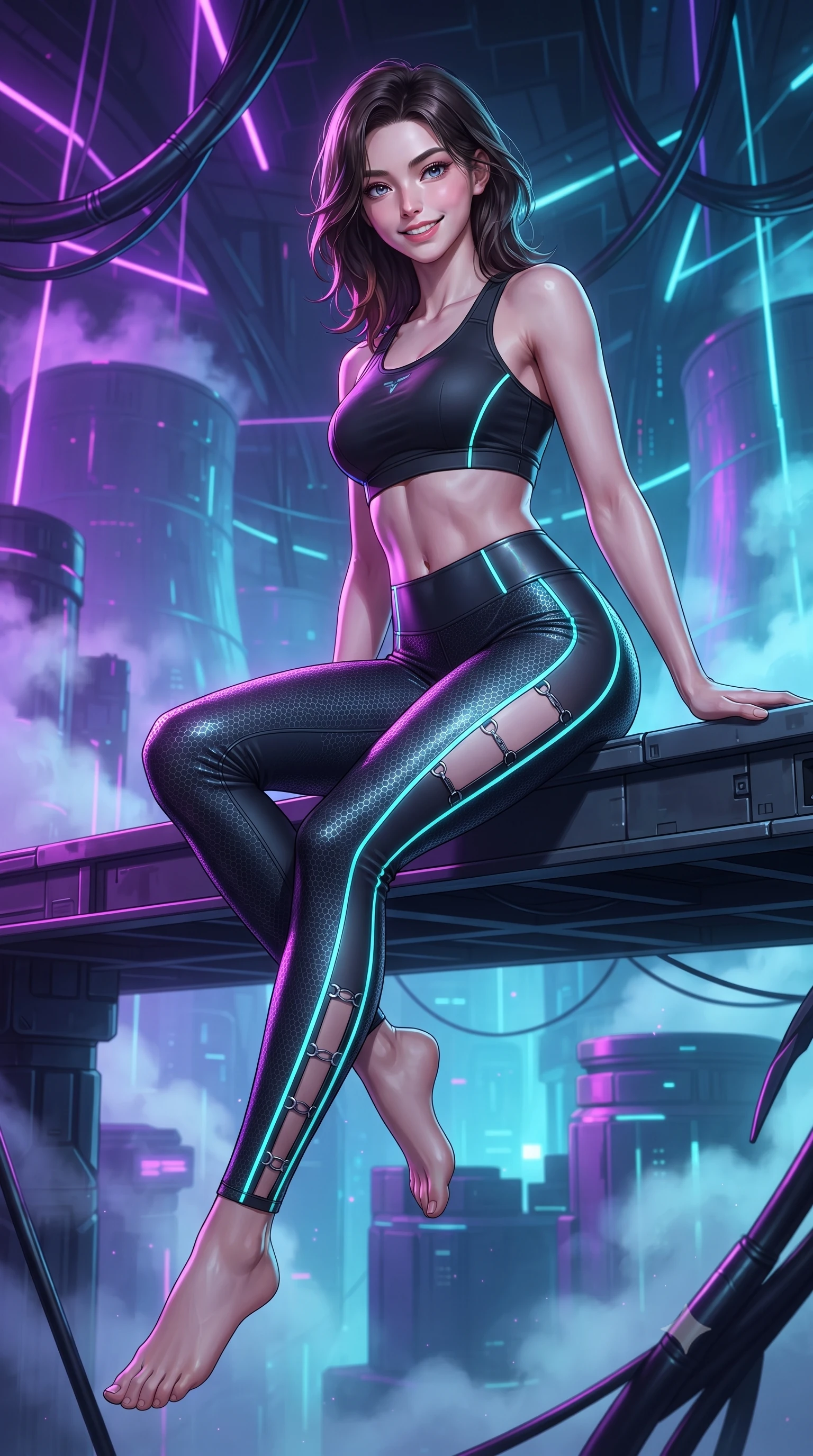 score_9, masterpiece, best quality, ultra-detailed, high-budget anime keyframe, editorial fashion photography, tasteful artistic composition, Korean woman. low angle full-body shot from head to toe showing her feet, filling the entire 9:16 vertical frame with her statuesque presence, stretching her vertical silhouette. sitting perched on the elevated maintenance gantry edge with legs crossed and hips angled toward the camera, displaying her toned midriff and long slender limbs with joyful, coquettish charm while striding through the narrow server canyon flanked by pulsating liquid-nitrogen cooling towers, arching her back with supermodel poise. The background shows a soft-focus rising liquid-nitrogen vapor veils and suspended data conduits softened in high-tech Tokyo shallow focus. She has an absolutely perfect, statuesque 8.5-heads proportion, an exceptionally tall and slender model-like female figure with impossibly long slender legs, an ultra-slim waist, a flat toned midriff, narrow delicate ribcage, and beautifully sculpted feminine hips creating a graceful, slim hourglass silhouette without any bulky heaviness. sharp v-shaped jawline, high-bridge nose, intricate jewel-like sparkling eyes with depth, thick eyelashes, glossy parted lips with a natural sheen, bright confident smile with an enchanting and coquettish sensual glint, exuding both youthful magnetic charm and sovereign high-tech allure, flawlessly proportioned anatomical accuracy, strict slender model proportions, natural body alignment, perfectly sculpted long slender limbs, ultra-slim waistline, clean dynamic posture without body distortion. wearing a tactical racerback athletic crop top paired with skin-tight high-waisted holographic combat leggings in matte obsidian black and glowing neon cyan trim, woven from delicate semi-opaque high-tensile nano-mesh with intricate hexagonal micro-patterns, finished with sharp laser-cut side ventilation slits framed by silver hardware rings, the aerodynamic second-skin silhouette tightly following the natural contour of her hips and long slender legs with youthful 8.5-heads elegance. bathed in high-contrast neon laser lines of violet and cyan reflecting off glossy surfaces. ultra-reflective glossy finish, specular highlights, rich textural contrasts, high-contrast stereoscopic depth, volumetric dynamic lighting, 2k, ultra detail, master piece, 9:16 ratio