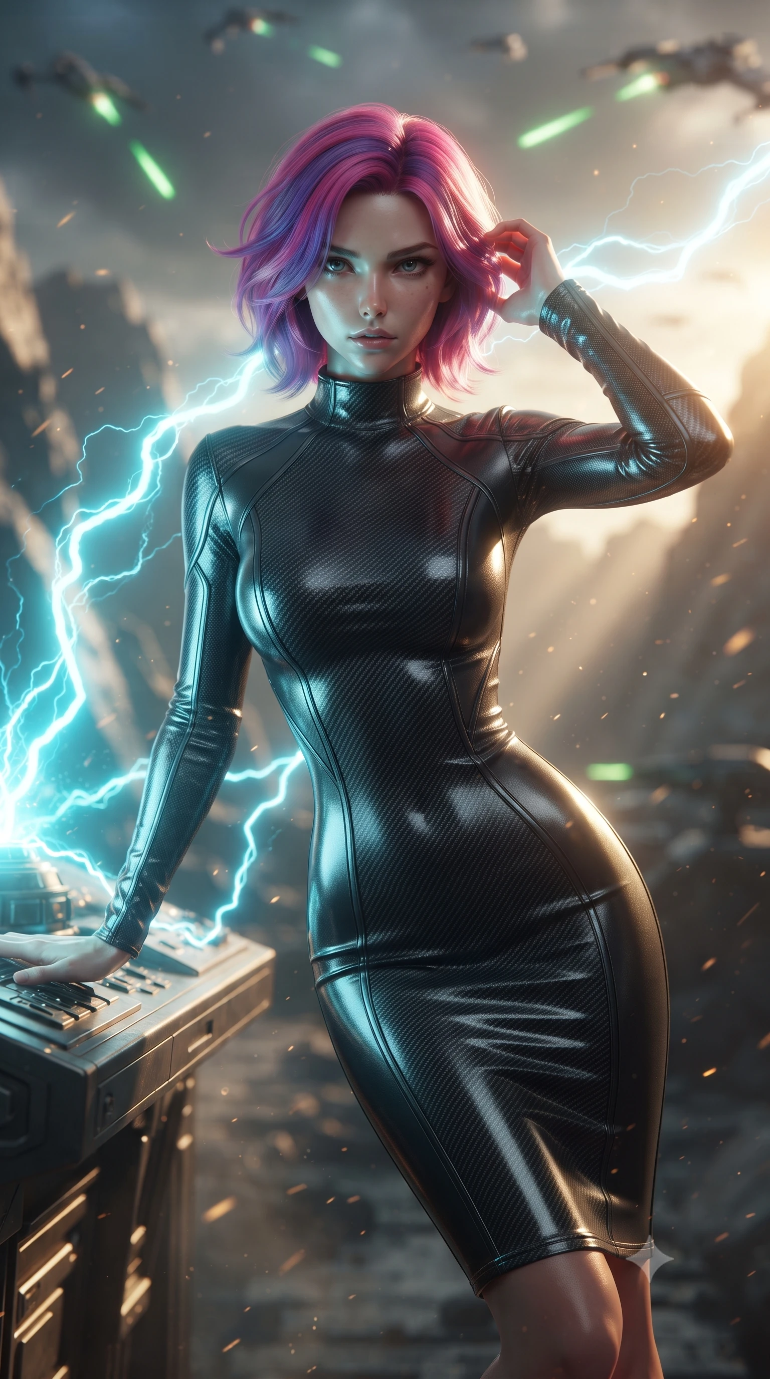 score_9, masterpiece, best quality, ultra-detailed, high-budget anime keyframe, editorial fashion photography, tasteful artistic composition, realistic cosplay photography, Caucasian woman, strictly human ears. close-up cowboy shot from the waist and thighs up, the character dominates the composition, filling the frame with her large presence, background elements kept in soft focus. Overloading the reactor core, her face illuminated by the bright cyan electrical energy arcing around her. set against a soft-focus background of a trench on an asteroid fortress, defensive laser turrets firing green bolts at attacking ships in the sky. She has an exceptionally elegant and slender, willowy female figure with an ultra-slim waist, a gracefully sculpted slender torso, and a refined slim physique. sharp v-shaped jawline, high-bridge nose, intricate jewel-like eyes with depth, thick eyelashes, glossy lips with a natural sheen. wearing tailored for maximum mobility, sleek form-contouring panels that allow fluid movement, a form-contouring sleek mock-neck bodycon midi dress in carbon-fiber print knit, contouring her slender torso and willowy silhouette. golden hour sunlight streaming in warm shafts with floating dust particles catching the light. ultra-reflective glossy finish, specular highlights, metallic sheen, high-contrast stereoscopic depth, volumetric dynamic lighting, 2k, ultra detail, master piece, 9:16 ratio