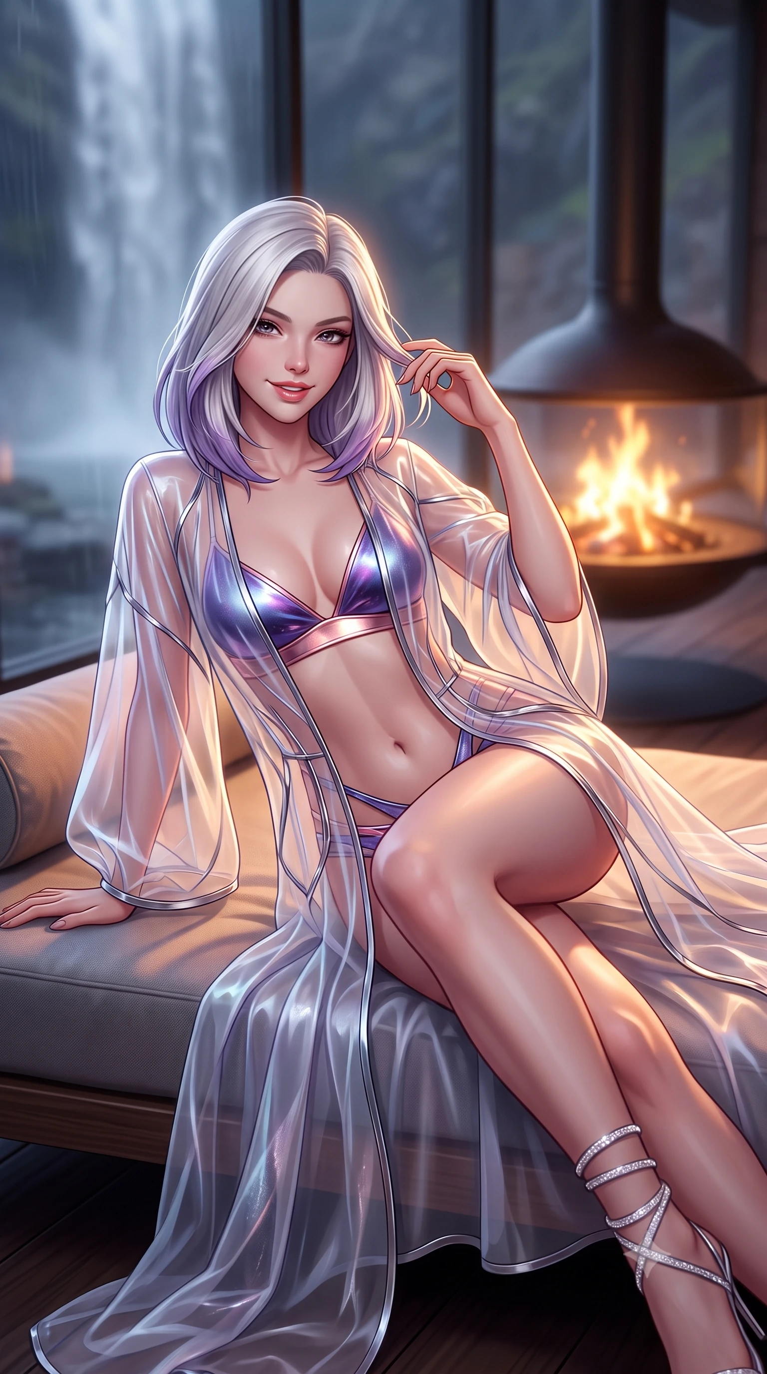 score_9, masterpiece, best quality, ultra-detailed, high-budget anime keyframe, semi-realistic 3D game render, editorial fashion photography, tasteful artistic composition, Caucasian woman. close-up cowboy shot from the waist and thighs up, the character dominates the composition, filling the frame with her large presence. twisting her slender torso in an alluring contrapposto stance, one hand resting on her sculpted hip while her fingers toy with her hair with effortless poise while curled gracefully on the low daybed propped on one elbow, flashing a radiant, playful smile with parted glossy lips. The background shows a soft-focus circular suspended steel fireplace flames softened in dramatic fjord sanctuary shallow focus. She has an exceptionally elegant, slender, and willowy female figure with an ultra-slim waist, flat toned midriff, narrow ribcage, and sculpted feminine hips creating an alluring, slim hourglass silhouette without bulk. sharp v-shaped jawline, high-bridge nose, intricate jewel-like sparkling eyes with depth, thick eyelashes, glossy parted lips with a natural peach sheen, bright cheerful beaming smile with an enchanting and coquettish sensual glint, exuding both youthful cute charm and seductive allure, flawlessly proportioned anatomical accuracy, strict slender model proportions, natural body alignment, perfectly sculpted long slender limbs, ultra-slim waistline, clean dynamic posture without body distortion. wearing a delicate sheer organza futuristic caftan with metallic chrome accents worn open over a micro liquid-metal bralette in orbital nebula violet and luminescent rose gold, crafted from translucent silk organza with an ethereal crystalline sheen, complemented by strappy stiletto sandals with crystal ankle wraps accentuating her slender calves, the form-contouring silhouette accentuating her sculpted flat midriff, narrow delicate ribcage, and gracefully curvy hips with intoxicating allure. bathed in the warm radiant 2100K hearth glow of the central suspended fire bowl mixed with cool silver waterfall mist. highly saturated vibrant anime colors, detailed shading with soft gradients, rich glossy textures, high-contrast stereoscopic depth, volumetric dynamic lighting, master piece, 9:16 ratio