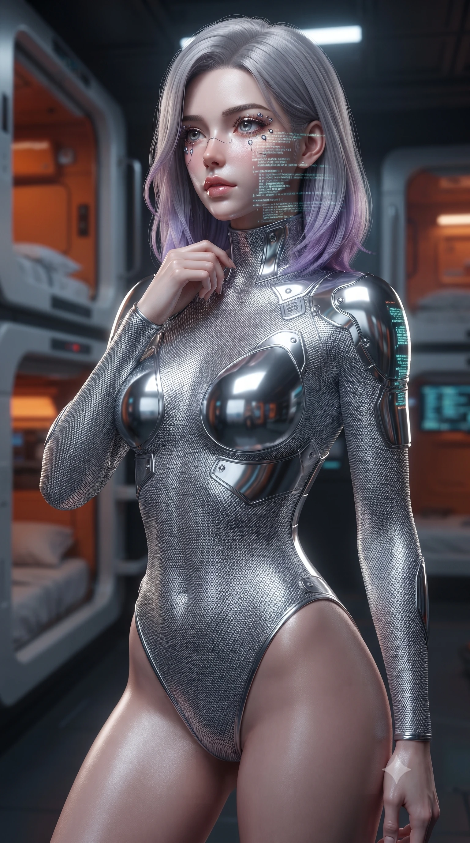 score_9, masterpiece, best quality, ultra-detailed, high-budget anime keyframe, editorial fashion photography, tasteful artistic composition, Caucasian woman. close-up cowboy shot from the waist and thighs up, the character dominates the composition, filling the frame with her large presence, background elements kept in soft focus. adjusting the high collar of her body-hugging suit, looking past the camera with quiet, sharp focus and a composed expression, the background shows a soft-focus a cyberpunk capsule hotel with compact sleeping berths and orange panels. She has an exceptionally elegant, slender, and willowy female figure with an ultra-slim waist, a gracefully sculpted slender torso, and a refined silhouette. sharp v-shaped jawline, high-bridge nose, intricate jewel-like eyes with depth, thick eyelashes, glossy lips with a natural sheen. wearing a form-contouring delicate silver nano-mesh bodysuit with strategically placed chrome armor plate guards covering key curves. glowing server rack LED indicators projecting code patterns on her face. ultra-reflective glossy finish, specular highlights, metallic sheen, high-contrast stereoscopic depth, volumetric dynamic lighting, 2k, ultra detail, master piece, 9:16 ratio