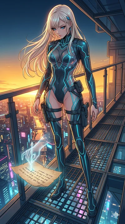 score_9, masterpiece, best quality, ultra-detailed, high-budget anime movie keyframe, cinematic anime lighting, intricate line art, Japanese woman. Dynamic full-body shot stretching the vertical silhouette with extreme perspective. staring at a lette