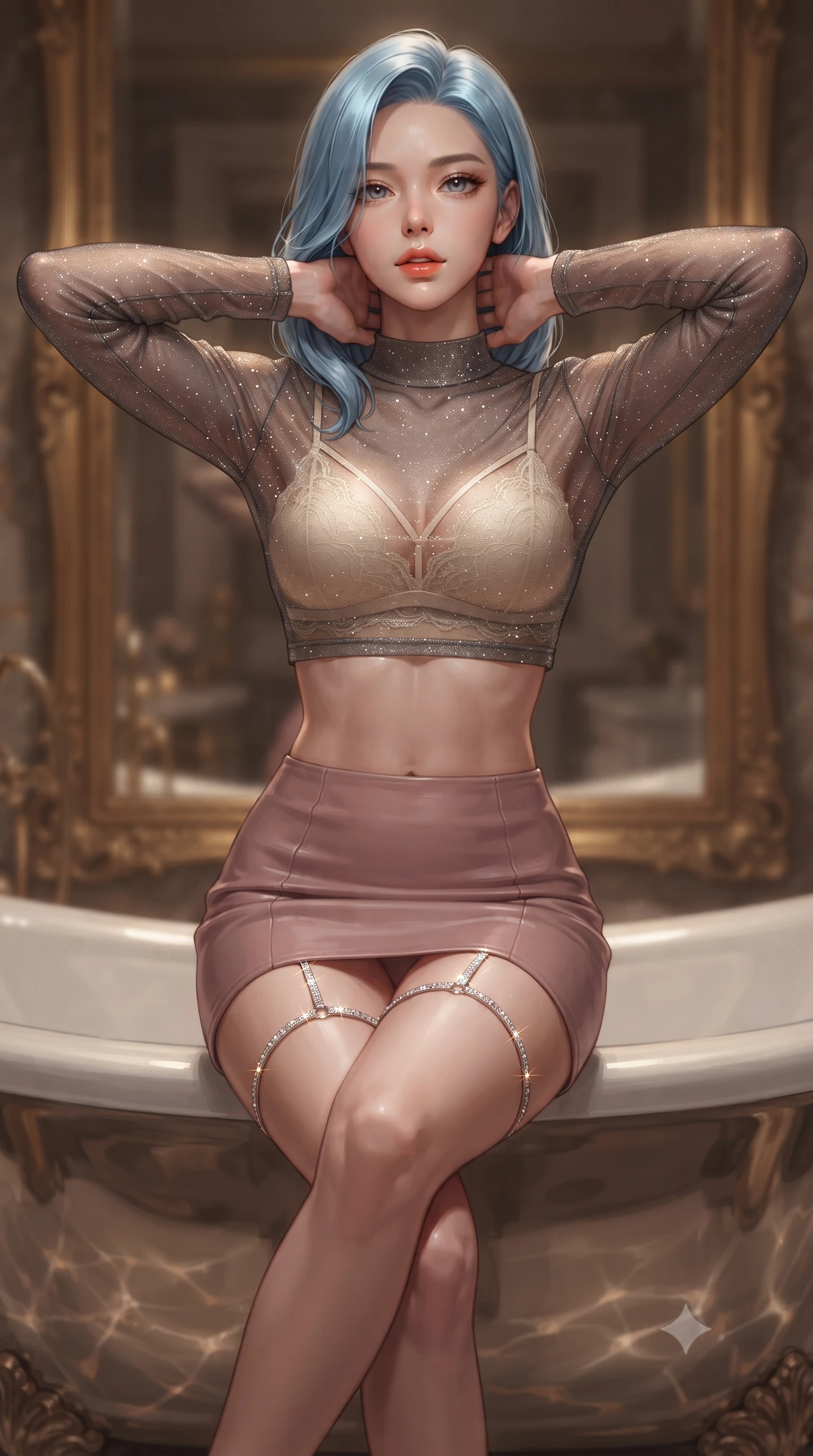 score_9, masterpiece, best quality, ultra-detailed, high-budget anime keyframe, editorial fashion photography, tasteful artistic composition, Korean woman. close-up cowboy shot from the waist and thighs up, the character dominates the composition, filling the frame with her large presence. resting both hands lightly behind her neck with elbows raised, arching her spine to highlight her narrow waist, flat midriff, and breathtaking collarbones while sitting poised on the rolled rim of the freestanding crystal bathtub with legs crossed, arching her spine with seductive wet-look boudoir grace. The background shows a soft-focus gilded French baroque mirror frames softened in ultra-luxury private bath shallow focus. She has an exceptionally elegant, slender, and willowy female figure with an ultra-slim waist, flat toned midriff, narrow ribcage, and sculpted feminine hips creating an alluring, slim hourglass silhouette without bulk. sharp v-shaped jawline, high-bridge nose, sparkling eyes with hypnotic seductive depth, thick curled eyelashes, glossy parted lips with a natural dewy peach sheen, alluring bedroom-eyes with an enchanting coquettish smile, exuding magnetic siren charisma and sophisticated glamour, flawlessly proportioned anatomical accuracy, strict slender model proportions, natural body alignment, perfectly sculpted long slender limbs, ultra-slim waistline, clean dynamic posture without body distortion. wearing a sheer mesh long-sleeve crop top over an opaque strappy micro-bralette and a sleek leatherette mini skirt in dusky blush pink and warm ivory lace, woven from stretch metallic lurex jersey casting radiant starlight glints across her silhouette, finished with delicate crystal-encrusted thigh garter straps glinting in the dim light, the second-skin tailored fabric adhering flawlessly to her sculpted flat midriff and slender torso, emphasizing her long leg lines and perfectly proportioned willowy build. illuminated by bathwater reflection caustics and sharp warm-gold rim lights defining her razor-sharp jawline, narrow waist, and curvy hips. ultra-reflective glossy finish, specular highlights, rich textural contrasts, high-contrast stereoscopic depth, volumetric dynamic lighting, 2k, ultra detail, master piece, 9:16 ratio