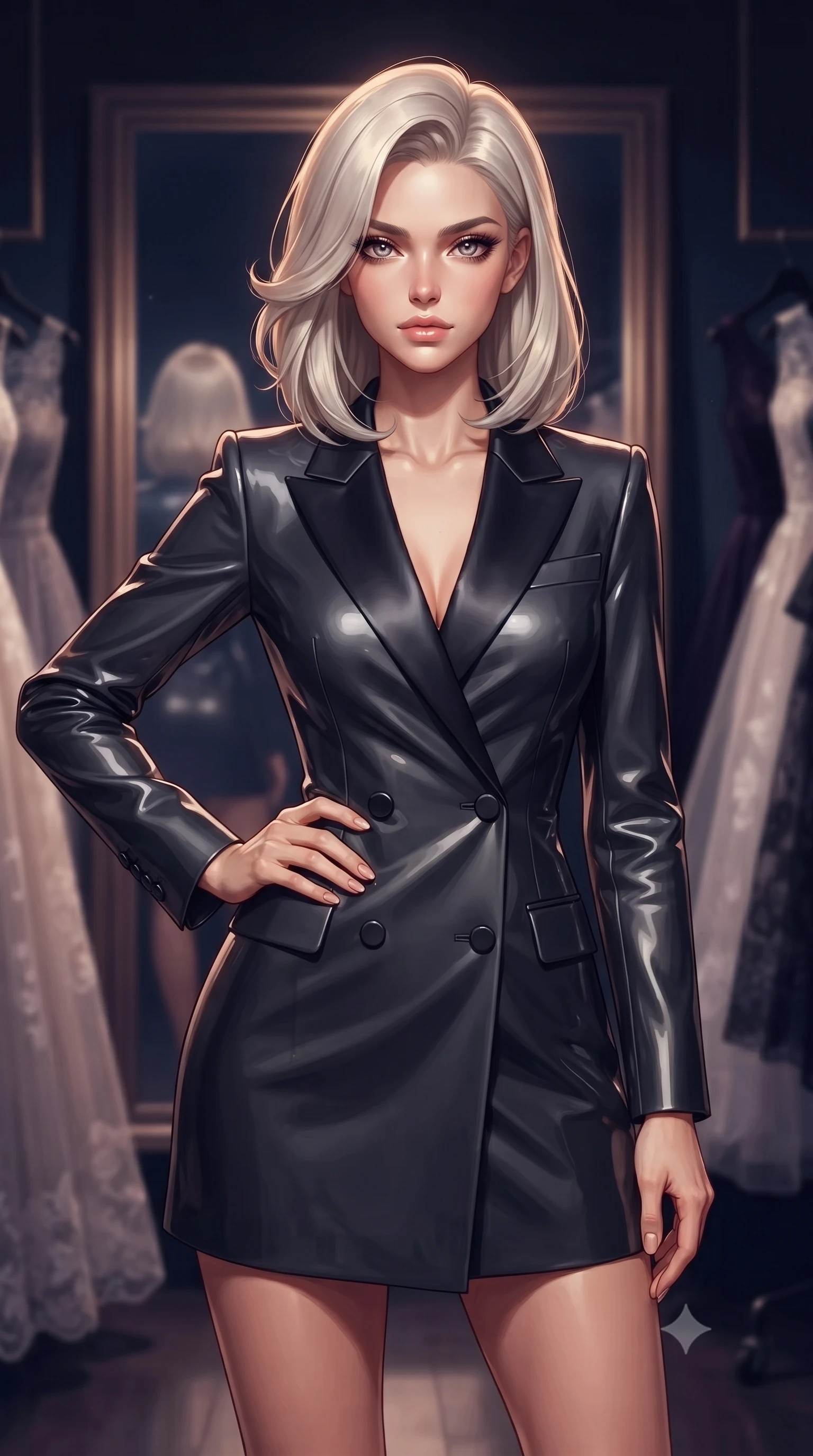 score_9, masterpiece, best quality, ultra-detailed, high-budget anime keyframe, editorial fashion photography, tasteful artistic composition, Caucasian woman. close-up cowboy shot from the waist and thighs up, the character dominates the composition, filling the frame with her large presence, background elements kept in soft focus. Holding a confident power pose with one hand on her hip, poised before a giant Hollywood mirror surrounded by racks of floating organza gowns, racks of high-fashion silk and lace gowns fading into soft background focus. She has an exceptionally elegant, slender, and willowy female figure with an ultra-slim waist, a gracefully sculpted slender torso, and a refined silhouette. sharp v-shaped jawline, high-bridge nose, intricate jewel-like eyes with depth, thick eyelashes, glossy lips with a natural sheen. wearing tailored double-breasted obsidian blazer dress with silk lapels in dark charcoal gray, made of high-gloss liquid vinyl, adorned with minimalist black onyx hardware framing the silhouette, the fitted fabric emphasizing her ultra-slim waist. surrounded by a warm glamorous glow with deep shadowy background contrast. highly saturated vibrant anime colors, detailed shading with soft gradients, rich glossy textures, high-contrast stereoscopic depth, volumetric dynamic lighting, master piece, 9:16 ratio