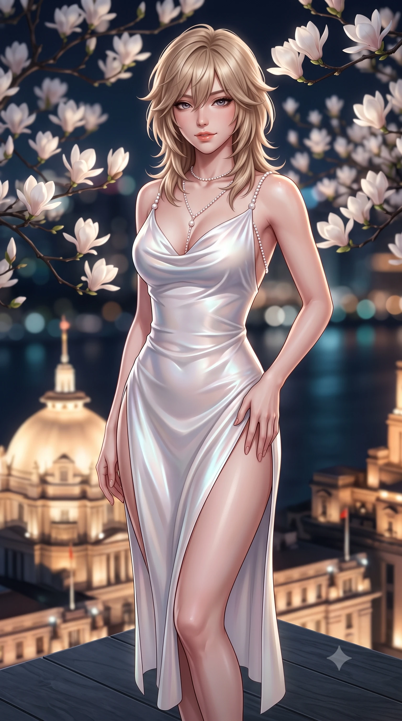 score_9, masterpiece, best quality, ultra-detailed, high-budget anime keyframe, semi-realistic 3D game render, editorial fashion photography, tasteful artistic composition, Japanese woman. close-up cowboy shot from the waist and thighs up, the character dominates the composition, filling the frame with her large presence. tilting her head with a teasing half-smile, running one hand slowly down the side of her hip in a flirtatious S-curve as ambient light caresses her silhouette while standing poised on the cantilevered dark slate deck jutting out over the historic Bund colonnades, arching her lower back to emphasize her curvy hips in the night breeze. The background shows a soft-focus blooming white magnolia tree branches, illuminated neoclassical Bund dome rooftops below, and dark river waters blurred into ivory, bronze, and teal bokeh. She has an exceptionally elegant, slender, and willowy female figure with an ultra-slim waist, flat toned midriff, narrow ribcage, and sculpted feminine hips creating an alluring, slim hourglass silhouette without bulk. sharp v-shaped jawline, high-bridge nose, sparkling eyes with hypnotic seductive depth, thick curled eyelashes, glossy parted lips with a natural dewy peach sheen, alluring bedroom-eyes with an enchanting coquettish smile, exuding magnetic siren charisma and sophisticated glamour, flawlessly proportioned anatomical accuracy, strict slender model proportions, natural body alignment, perfectly sculpted long slender limbs, ultra-slim waistline, clean dynamic posture without body distortion. wearing a plunging cowl-neck liquid silk satin sarong slip dress with daring hip-high double slits and pearl shoulder straps in pure alabaster with iridescent mother-of-pearl sheen, made of semi-opaque stretch illusion mesh with soft shadowy contours, accented with a pearl-drop body harness subtly framing her dewy collarbones and spine, the high-slit wrap tailoring accentuating her ultra-slim waistline and the enchanting curve of her feminine hips with alluring seductive charm. bathed in soft 2800K low-voltage garden ground spotlights highlighting magnolia branches mixed with cool river skyline glow. highly saturated vibrant anime colors, detailed shading with soft gradients, rich glossy textures, high-contrast stereoscopic depth, volumetric dynamic lighting, master piece, 9:16 ratio