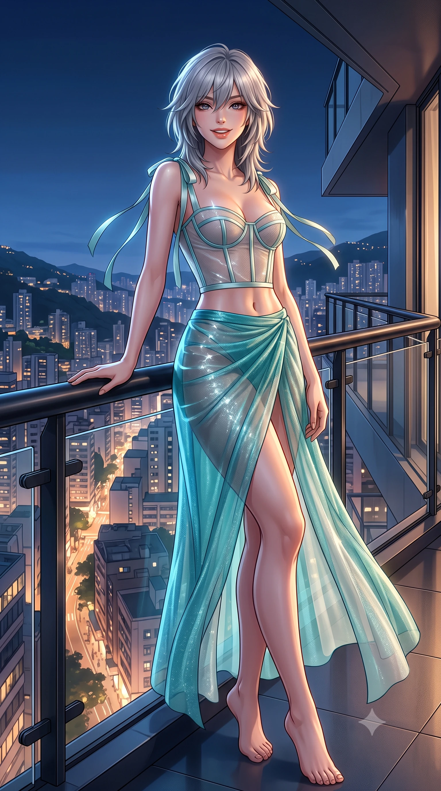 score_9, masterpiece, best quality, ultra-detailed, high-budget anime keyframe, semi-realistic 3D game render, editorial fashion photography, tasteful artistic composition, Japanese woman. low angle full-body shot from head to toe showing her feet, filling the entire 9:16 vertical frame with her statuesque presence, stretching her vertical silhouette. leaning deep against the balcony balustrade with hips cocked back in an unapologetically alluring high-fashion stance, casting an intoxicating glance while leaning against the sleek blackened titanium balustrade with hips cocked back, casting an alluring bedroom-gaze over the pulsing metropolis. The surrounding environment is rendered in vivid detail and crisp panoramic clarity: detailed outfit tailoring, silhouette contours, and hillside architectural engineering in razor-sharp precision. She has an exceptionally tall and slender model-like 8.5-heads proportion, an ultra-slim waist, a flat toned midriff, narrow delicate ribcage, and beautifully sculpted feminine hips creating a graceful, slim hourglass silhouette without any bulky heaviness, with impossibly long slender legs. sharp v-shaped jawline, high-bridge nose, intricate jewel-like sparkling eyes with depth, thick eyelashes, glossy parted lips with a natural peach sheen, bright cheerful beaming smile with an enchanting and coquettish sensual glint, exuding both youthful cute charm and seductive allure, flawlessly proportioned anatomical accuracy, strict slender model proportions, natural body alignment, perfectly sculpted long slender limbs, ultra-slim waistline, clean dynamic posture without body distortion. wearing a provocative translucent mesh corset bodice with boned satin channels paired with a sheer chiffon wrap maxi skirt in Verdon canyon emerald turquoise and dewy alabaster, woven from stretch metallic lurex jersey casting radiant starlight glints across her curves, finished with satin ribbon ties at the shoulders fluttering in the gentle breeze, the bespoke structured tailoring following the natural line of her 8.5-heads silhouette with refined elegance. illuminated by city glow upward fill and sharp platinum rim lights sculpting her features, flat midriff, and curvaceous hips. highly saturated vibrant anime colors, detailed shading with soft gradients, rich glossy textures, high-contrast stereoscopic depth, volumetric dynamic lighting, master piece, 9:16 ratio