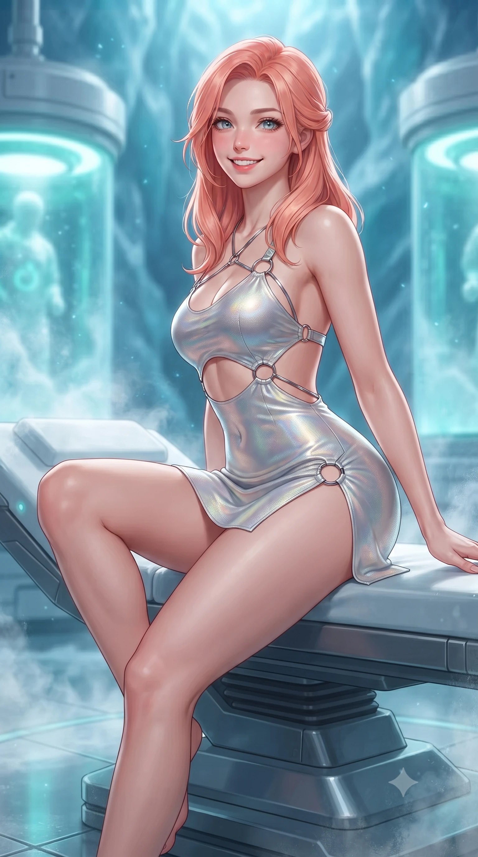 score_9, masterpiece, best quality, ultra-detailed, high-budget anime keyframe, editorial fashion photography, tasteful artistic composition, Japanese woman. close-up cowboy shot from the waist and thighs up, the character dominates the composition, filling the frame with her large presence. perched sideways on the lounge seat, one knee drawn up to showcase her slender leg line while her arched back accentuates her feminine hip curve while reclining gracefully on the heated laboratory recovery bench with legs extended, displaying her long slender limbs and statuesque hourglass silhouette against the frozen glacial vault. The background shows a soft-focus cylindrical stasis pods glowing with soft cyan and mint bio-light, swirling frosty nitrogen vapors, and ancient blue glacial ice walls blurred into aquamarine, diamond, and sapphire bokeh. She has an exceptionally elegant, slender, and willowy female figure with an ultra-slim waist, flat toned midriff, narrow ribcage, and sculpted feminine hips creating an alluring, slim hourglass silhouette without bulk. sharp v-shaped jawline, high-bridge nose, intricate jewel-like sparkling eyes with depth, thick eyelashes, glossy parted lips with a natural peach sheen, bright cheerful beaming smile with an enchanting and coquettish sensual glint, exuding both youthful cute charm and seductive allure, flawlessly proportioned anatomical accuracy, strict slender model proportions, natural body alignment, perfectly sculpted long slender limbs, ultra-slim waistline, clean dynamic posture without body distortion. wearing a provocative open-waist combat cutout mini dress framed by polished chrome ring hardware and thigh-high slit in iridescent mother-of-pearl and liquid molten silver, tailored from high-density tech-wool with subtle metallic thread weave, accented with a chrome-drop body harness subtly framing her dewy collarbones and spine, the liquid-tight tailored fabric clinging flawlessly to her narrow waist and rounded feminine hips, emphasizing every millimeter of her sculpted slim hourglass curves without any bulky heaviness. illuminated by polished floor reflection bounce and sharp frost-cyan rim lights defining her razor-sharp jawline, narrow waist, and curvy hips. ultra-reflective glossy finish, specular highlights, rich textural contrasts, high-contrast stereoscopic depth, volumetric dynamic lighting, 2k, ultra detail, master piece, 9:16 ratio