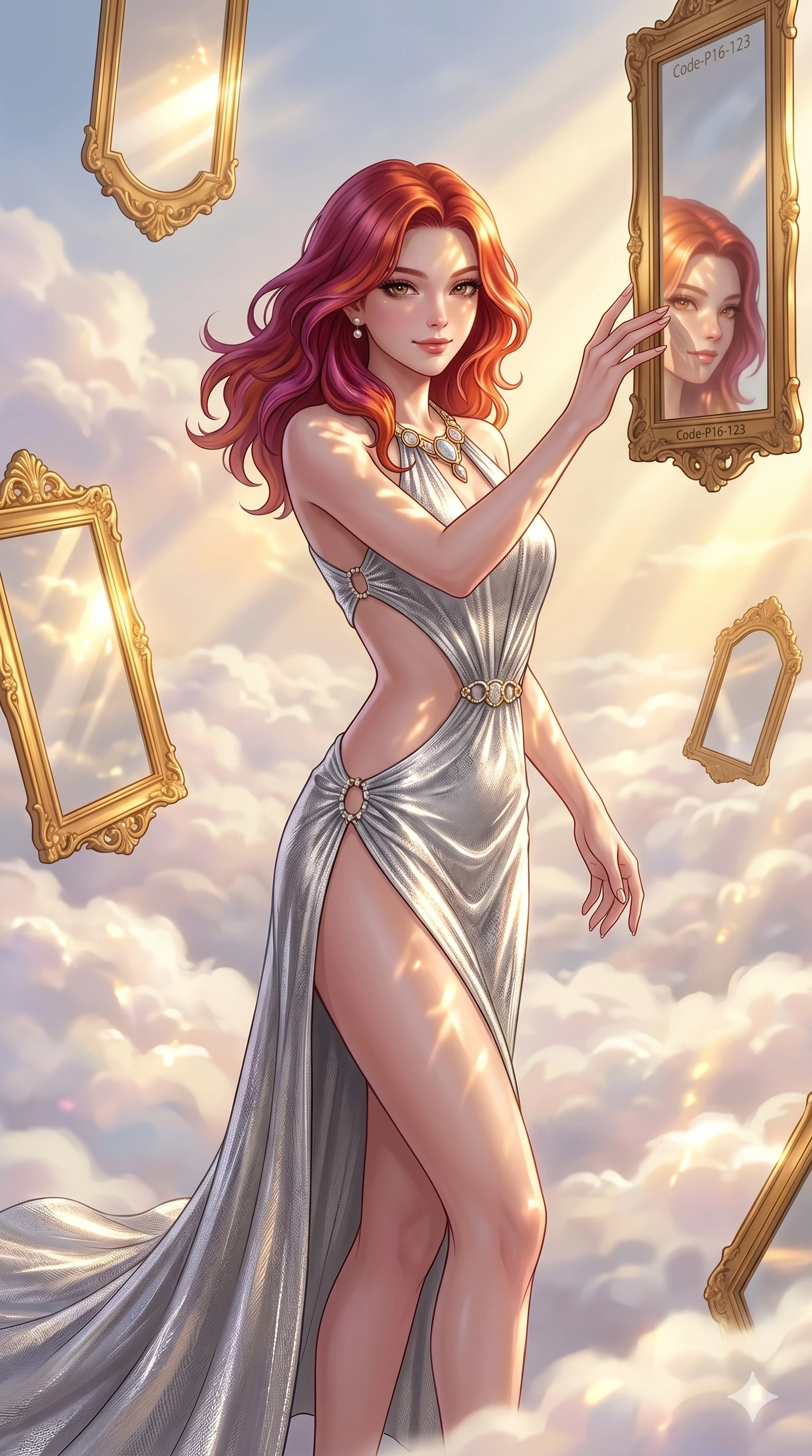 score_9, masterpiece, best quality, ultra-detailed, high-budget anime keyframe, editorial fashion photography, tasteful artistic composition, Caucasian woman, strictly human ears. cowboy shot from the thighs up, character and outfit filling the frame for maximum editorial presence. reaching a hand toward a floating mirror, looking at the camera with a mysterious smile in a surreal cloud sanctuary with floating golden mirrors (Code-P16-123). She has an absolutely perfect 8-heads proportion, an exceptionally tall and slender female figure with impossibly long slender legs and an ultra-slim waist. V-shaped jawline, high-bridge nose, intricate jewel-like eyes with depth, thick eyelashes, glossy lips with a natural sheen. wearing a flowing silver metallic gown with a dramatic open-waist cutout and high side slit. warm golden afternoon sunbeams reflecting off the mirrors, casting bright light patterns. 2k, ultra detail, master piece, 9:16 ratio