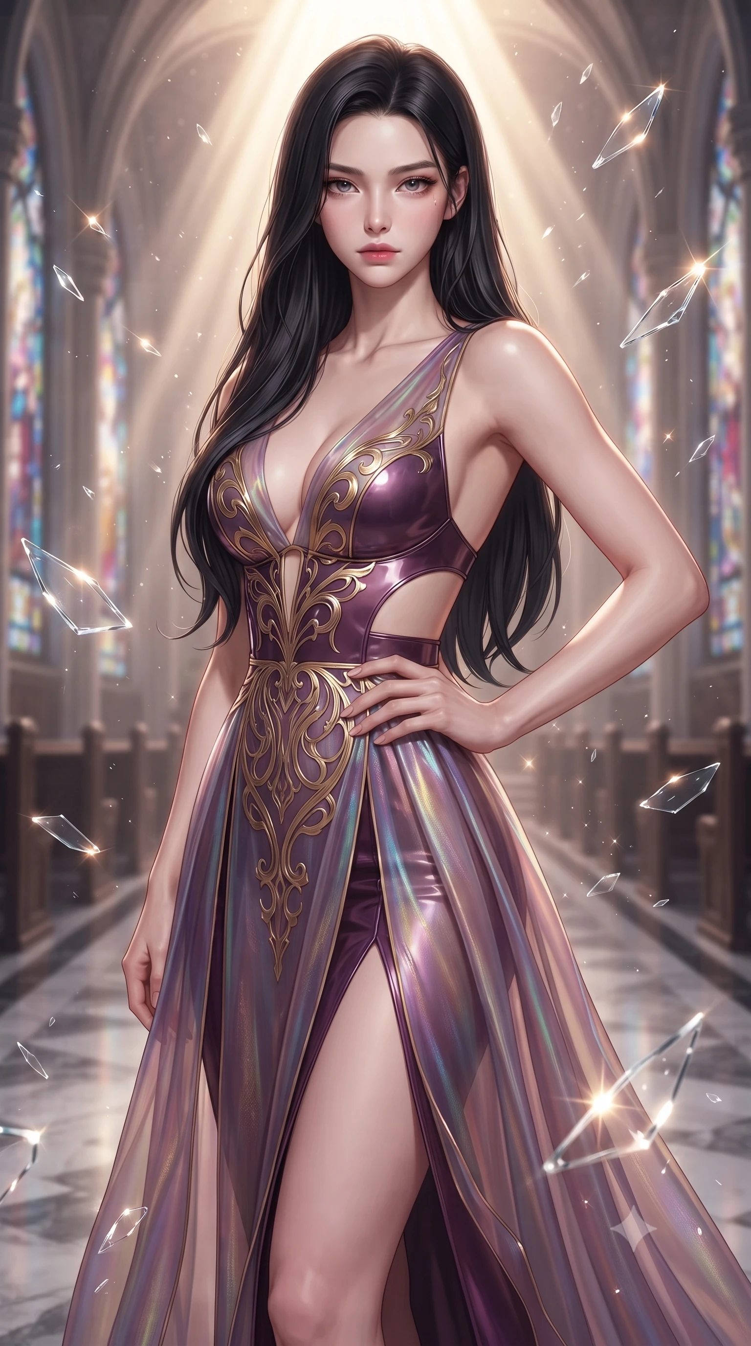 score_9, masterpiece, best quality, ultra-detailed, high-budget anime keyframe, editorial fashion photography, tasteful artistic composition, Korean woman. close-up cowboy shot from the waist and thighs up, the character dominates the composition, filling the frame with her large presence, background elements kept in soft focus. Holding a confident power pose with one hand on her hip, gazing directly into the camera with quiet intensity walking down a polished marble nave lined with tall stained glass arcades, shattered glass shards catching bright specular highlights in mid-air. She has an exceptionally elegant, slender, and willowy female figure with an ultra-slim waist, a gracefully sculpted slender torso, and a refined silhouette. sharp v-shaped jawline, high-bridge nose, intricate jewel-like eyes with depth, thick eyelashes, glossy lips with a natural sheen. wearing a translucent iridescent chiffon gown with a plunging neckline and open back in plum purple and gold filigree, tailored from high-gloss patent leather, featuring clean architectural cutouts along her slender torso, the elegant draped fit framing her graceful clavicle and slender torso. surrounded by a glowing divine aura of sunbeams and incense radiance. ultra-reflective glossy finish, specular highlights, metallic sheen, high-contrast stereoscopic depth, volumetric dynamic lighting, 2k, ultra detail, master piece, 9:16 ratio