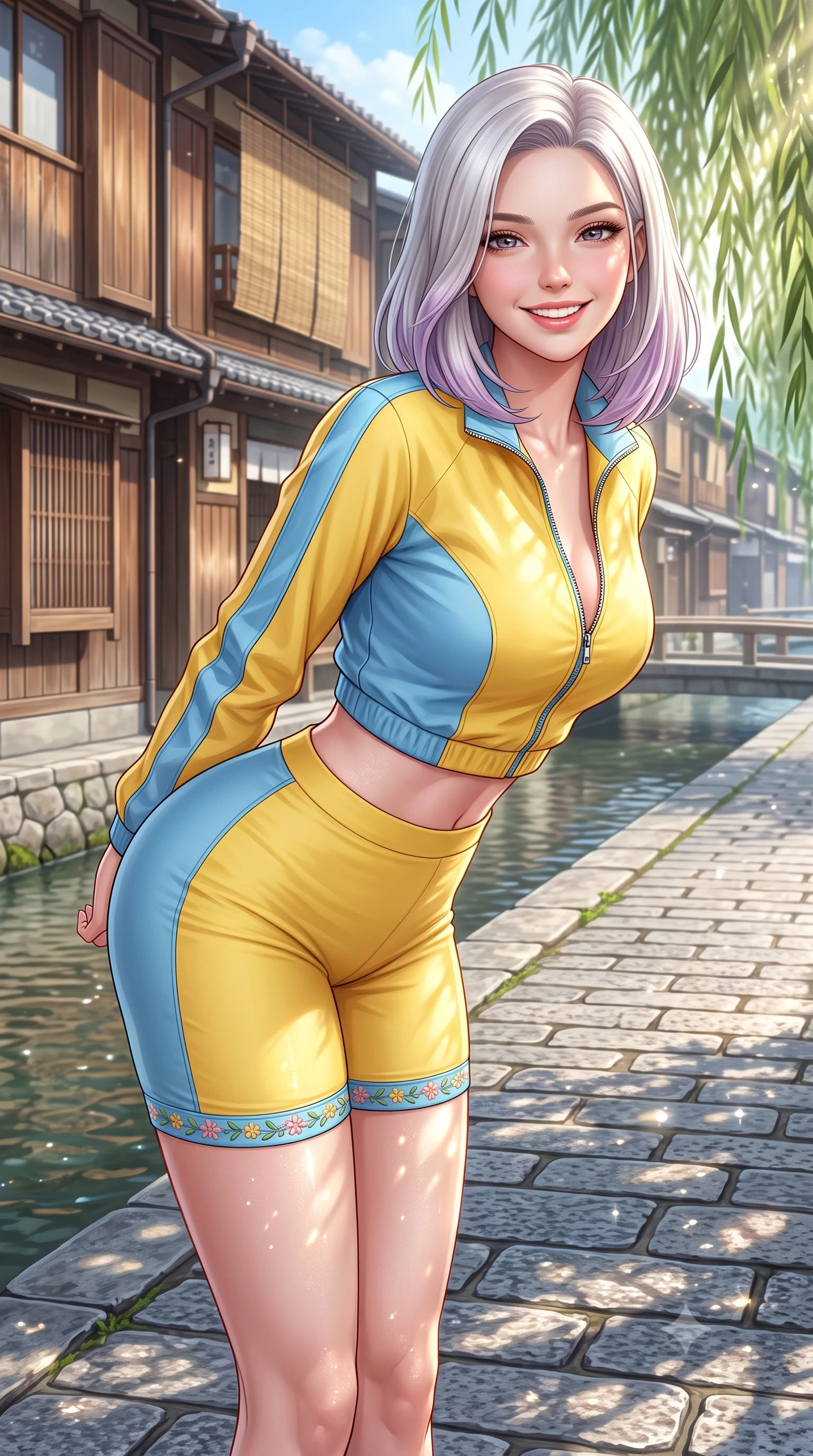 score_9, masterpiece, best quality, ultra-detailed, high-budget anime keyframe, semi-realistic 3D game render, editorial fashion photography, tasteful artistic composition, Caucasian woman. close-up cowboy shot from the waist and thighs up, the character dominates the composition, filling the frame with her large presence. leaning forward with playful cute grace while arching her lower back to accentuate her curvy hips, looking into the camera with a bright cheerful smile and alluring coquettish bedroom-eyes while standing poised on the cobblestone canal path beside historic wooden machiya teahouses, twisting her slender torso in an alluring contrapposto stance. The surrounding environment is rendered in vivid detail and crisp panoramic clarity. detailed silk dress weave, dappled sunbeams on skin, and Gion Shirakawa architecture in high resolution. She has an exceptionally elegant, slender, and willowy female figure with an ultra-slim waist, flat toned midriff, narrow ribcage, and sculpted feminine hips creating an alluring, slim hourglass silhouette without bulk. sharp v-shaped jawline, high-bridge nose, intricate jewel-like sparkling eyes with depth, thick eyelashes, glossy parted lips with a natural peach sheen, bright cheerful beaming smile with an enchanting and coquettish sensual glint, exuding both youthful cute charm and seductive allure, flawlessly proportioned anatomical accuracy, strict slender model proportions, natural body alignment, perfectly sculpted long slender limbs, ultra-slim waistline, clean dynamic posture without body distortion. wearing a sporty chic zip-up crop jacket paired with high-waisted biker shorts clinging to her athletic hips in sunny daffodil yellow and clear sky blue, tailored from crisp cotton poplin with clean structural lines, complemented by delicate embroidered floral trim along the hem, the glove-like silhouette tightly following the natural contour of her hips and long slender legs with youthful 8.5-heads elegance. bathed in soft, sparkling morning sunbeams filtering through willow fronds onto the canal. highly saturated vibrant anime colors, detailed shading with soft gradients, rich glossy textures, high-contrast stereoscopic depth, volumetric dynamic lighting, master piece, 9:16 ratio