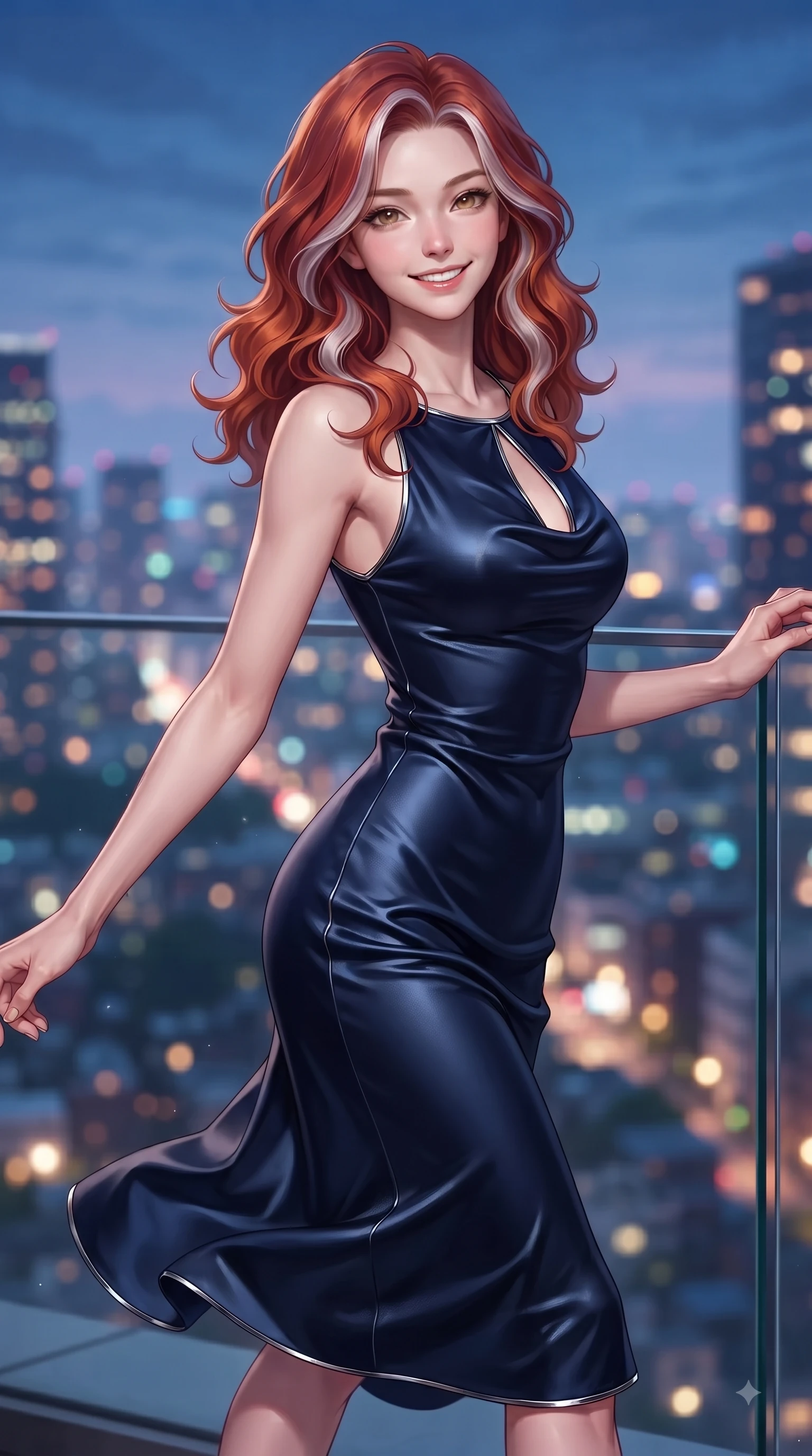 score_9, masterpiece, best quality, ultra-detailed, high-budget anime keyframe, editorial fashion photography, tasteful artistic composition, Caucasian woman. close-up cowboy shot from the waist and thighs up, the character dominates the composition, filling the frame with her large presence, background elements kept in soft focus. Gazing directly into the camera with a fresh, infectious smile as her torso curves dynamically in mid-stride while reaching one hand gracefully toward a glass railing overlooking a vibrant urban skyline, cool evening breeze fluttering her chic trendy outfit into fluid motions. She has an exceptionally elegant, slender, and willowy female figure with an ultra-slim waist, a gracefully sculpted slender torso, and a refined silhouette. sharp v-shaped jawline, high-bridge nose, intricate jewel-like eyes with depth, thick eyelashes, glossy lips with a natural sheen, flawlessly proportioned anatomical accuracy, natural body alignment, perfectly sculpted elegant limbs, clean dynamic posture without body distortion. wearing an elegant cowl-neck satin midi dress with a graceful draped neckline in midnight navy blue and chrome trim, made of premium stretch velvet with a rich sheen, accented with a Tasteful chest slit framing her clavicle gracefully, the tailored fabric tightly following every curve of her athletic build. surrounded by a sophisticated, high-fashion nightlife aura. ultra-reflective glossy finish, specular highlights, metallic sheen, high-contrast stereoscopic depth, volumetric dynamic lighting, 2k, ultra detail, master piece, 9:16 ratio