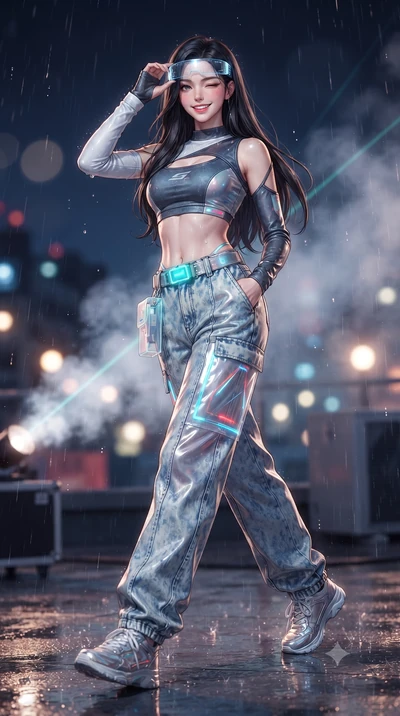 score_9, masterpiece, best quality, ultra-detailed, high-budget anime keyframe, editorial fashion photography, tasteful artistic composition, Korean woman. low angle full-body shot from head to toe showing her feet, filling the entire 9:16 vertical f