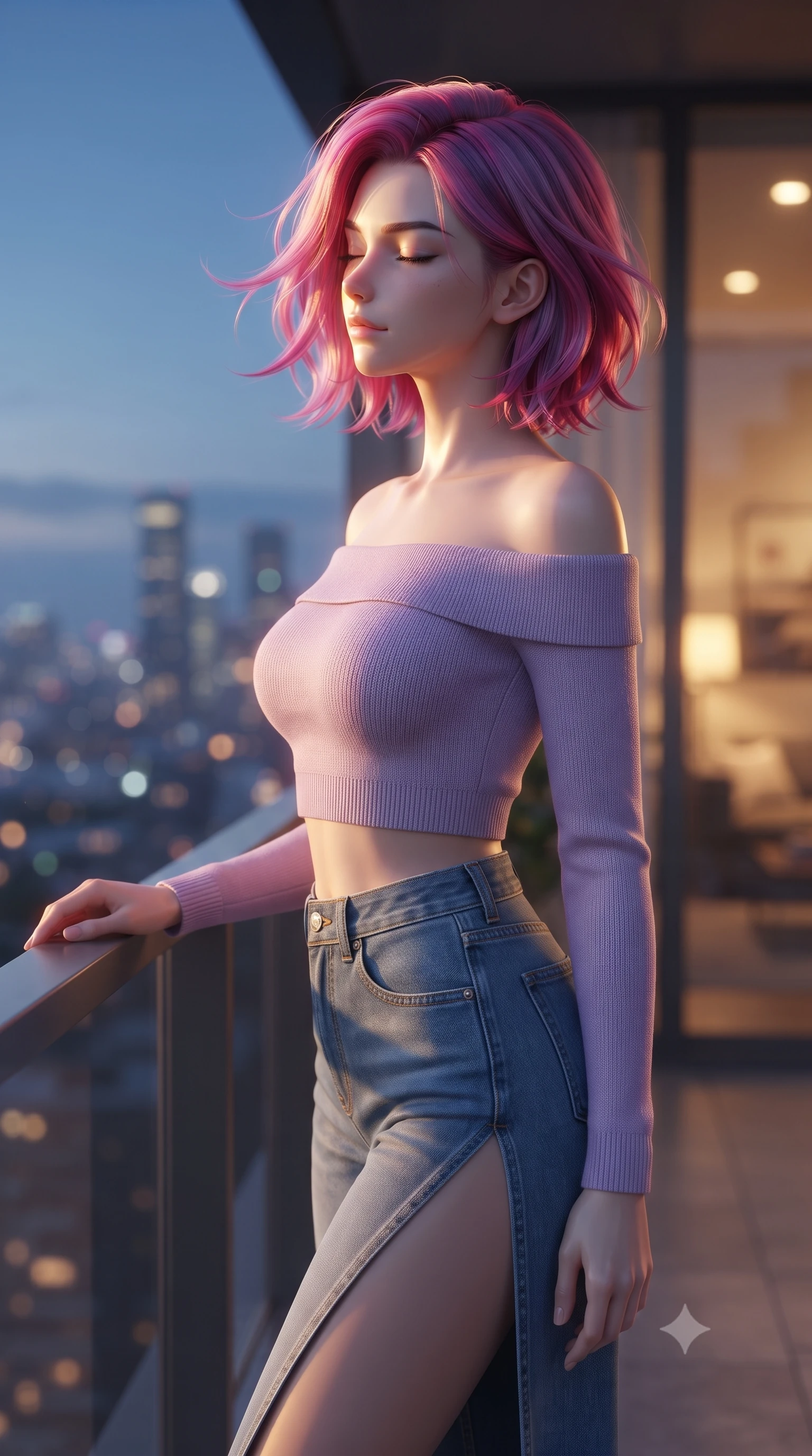score_9, masterpiece, best quality, ultra-detailed, high-budget anime keyframe, editorial fashion photography, tasteful artistic composition, Caucasian woman woman. close-up cowboy shot from the waist and thighs up, the character dominates the composition, filling the frame with her large presence, background elements kept in soft focus. turning her face in profile to catch the warm sunlight on her cheek, eyes softly closed the background shows a soft-focus a modern apartment balcony overlooking a distant glittering city skyline at dusk. She has an exceptionally elegant, slender, and willowy female figure with an ultra-slim waist, a gracefully sculpted slender torso, and a refined silhouette. sharp v-shaped jawline, high-bridge nose, intricate jewel-like eyes with depth, thick eyelashes, glossy lips with a natural sheen. wearing a tailored off-shoulder knit crop top in lavender, paired with high-slit denim jeans. the cool blue twilight sky contrasting with the warm golden lights of the room inside. ultra-reflective glossy finish, specular highlights, metallic sheen, high-contrast stereoscopic depth, volumetric dynamic lighting, 2k, ultra detail, master piece, 9:16 ratio
