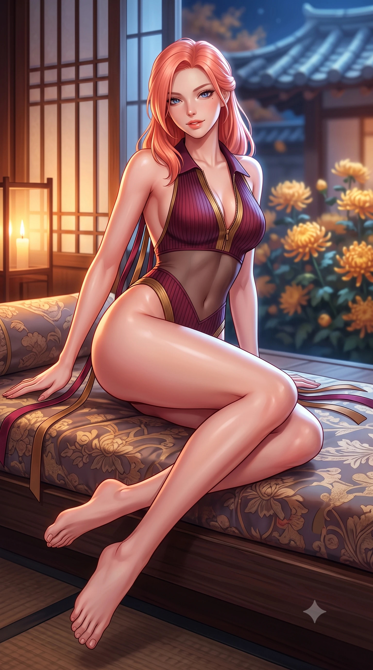 score_9, masterpiece, best quality, ultra-detailed, high-budget anime keyframe, semi-realistic 3D game render, editorial fashion photography, tasteful artistic composition, Japanese woman. low angle full-body shot from head to toe showing her feet, filling the entire 9:16 vertical frame with her statuesque presence, stretching her vertical silhouette. lounging on the lavish daybed with legs crossed and hips angled toward the camera, displaying her toned midriff and long slender limbs with effortless siren poise while twisting her slender torso in an alluring contrapposto pose beside the sliding rice-paper door, warm candlelight silhouette outlining her curves. The background shows a soft-focus blooming autumn golden chrysanthemums and curved clay-tiled hanok eaves blurred into honey, terracotta, and indigo bokeh. She has an absolutely perfect, statuesque 8.5-heads proportion, an exceptionally tall and slender model-like female figure with impossibly long slender legs, an ultra-slim waist, a flat toned midriff, narrow delicate ribcage, and beautifully sculpted feminine hips creating a graceful, slim hourglass silhouette without any bulky heaviness. sharp v-shaped jawline, high-bridge nose, sparkling eyes with hypnotic seductive depth, thick curled eyelashes, glossy parted lips with a natural dewy peach sheen, alluring bedroom-eyes with an enchanting coquettish smile, exuding magnetic siren charisma and sophisticated glamour, flawlessly proportioned anatomical accuracy, strict slender model proportions, natural body alignment, perfectly sculpted long slender limbs, ultra-slim waistline, clean dynamic posture without body distortion. wearing a retro-chic ribbed knit polo bodysuit with a plunging front zipper and high-cut leg openings in smoky bordeaux wine and gilded bronze, made of semi-opaque stretch illusion mesh with soft shadowy contours, finished with long silk ribbon ties fluttering down her bare spine from a backless halter, the second-skin tailored fabric adhering flawlessly to her sculpted flat midriff and slender torso, emphasizing her long leg lines and perfectly proportioned willowy build. bathed in warm golden candlelight glowing from within the interior room mixed with cool moonlight fill. highly saturated vibrant anime colors, detailed shading with soft gradients, rich glossy textures, high-contrast stereoscopic depth, volumetric dynamic lighting, master piece, 9:16 ratio