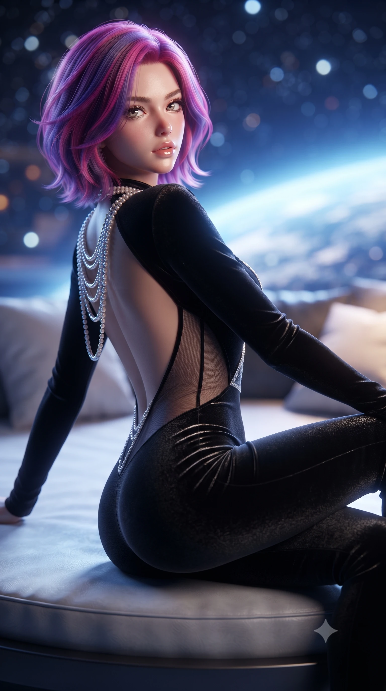 score_9, masterpiece, best quality, ultra-detailed, high-budget anime keyframe, editorial fashion photography, tasteful artistic composition, Caucasian woman. close-up cowboy shot from the waist and thighs up, the character dominates the composition, filling the frame with her large presence. leaning back with relaxed seductive grace, her sculpted collarbones and narrow waist highlighted as she casts smoldering bedroom-eyes directly into the camera while reclining languidly on a circular floating daybed with one knee bent, starlight and blue Earth glow tracing the sensual curve of her feminine hips and flat midriff. The composition keeps background elements in soft focus with creamy bokeh. distant glittering starfields and luminous blue Earth atmospheric halos blurred into ethereal sapphire, pearl-white, and deep cosmic indigo bokeh. She has an exceptionally elegant, slender, and willowy female figure with an ultra-slim waist, flat toned midriff, narrow ribcage, and sculpted feminine hips creating an alluring, slim hourglass silhouette without bulk. sharp v-shaped jawline, high-bridge nose, intricate jewel-like eyes with depth, thick eyelashes, glossy parted lips with a natural sheen, intensely captivating and seductive bedroom-eyes expression, flawlessly proportioned anatomical accuracy, strict slender model proportions, natural body alignment, perfectly sculpted long slender limbs, ultra-slim waistline, clean dynamic posture without body distortion. wearing a second-skin compression catsuit with an open back and sheer mesh side waist contouring in pitch-black velvet with diamond crystal trim, crafted from luxurious metallic lamé that shifts radiance with every step, accented with a multi-strand pearl back necklace cascading down her bare spine to her hips, the second-skin form-contouring cut accentuating her sculpted flat midriff, narrow delicate ribcage, and gracefully curvy hips with supermodel precision. bathed in ethereal sapphire planet-shine from Earth contrasting with warm amber cabin reading spots. ultra-reflective glossy finish, specular highlights, rich textural contrasts, high-contrast stereoscopic depth, volumetric dynamic lighting, 2k, ultra detail, master piece, 9:16 ratio