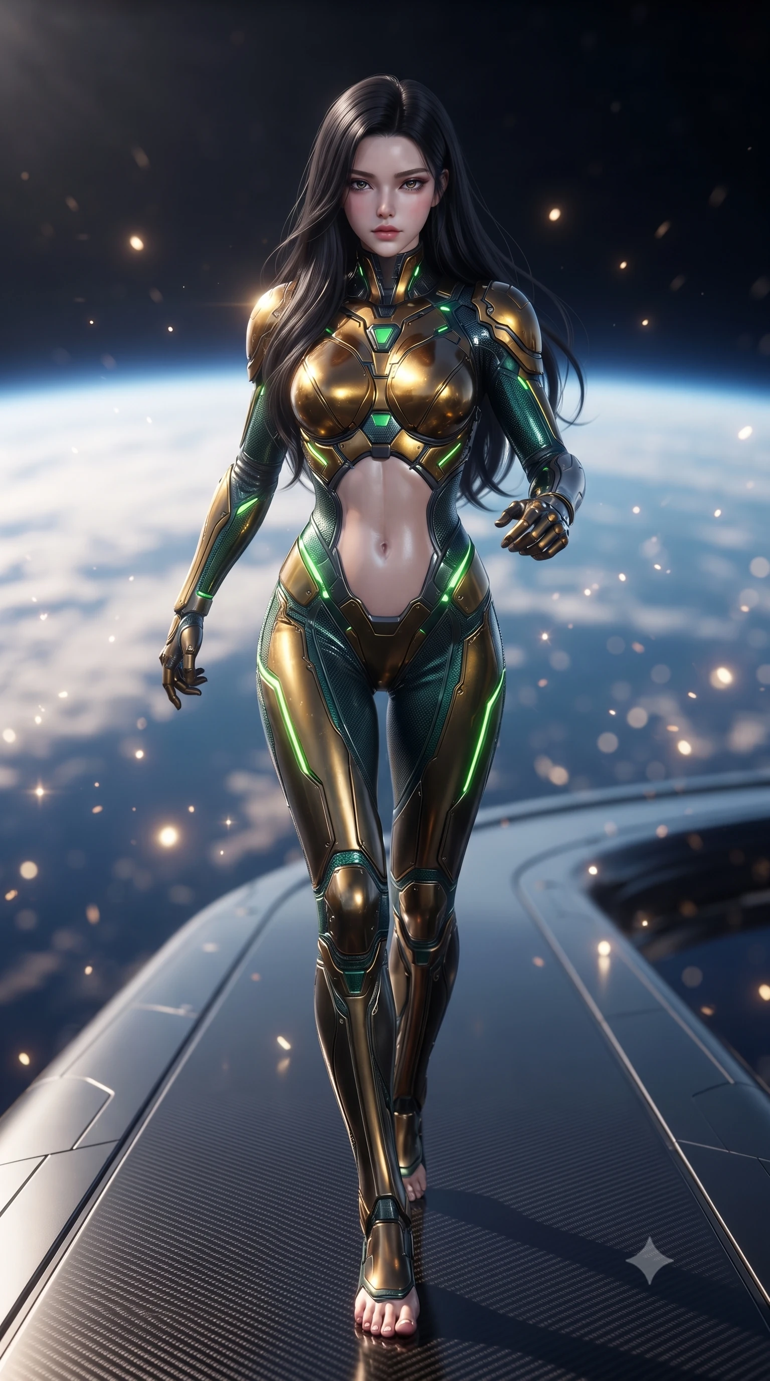 score_9, masterpiece, best quality, ultra-detailed, high-budget anime keyframe, editorial fashion photography, tasteful artistic composition, Korean woman. low angle full-body shot from head to toe showing her feet, filling the entire 9:16 vertical frame with her statuesque presence, stretching her vertical silhouette. striding forward with sovereign warrior elegance in a low, predatory combat advance, hips swaying with fierce athletic poise from head to toe while stretching her slender torso in an alluring S-curve on the carbon walkway with the curved horizon of Earth glowing below. The composition keeps background elements in soft focus with creamy bokeh. sparkling kinetic deflection energy motes scattering bright glints across a breathtaking orbital backdrop. She has an absolutely perfect, statuesque 8.5-heads proportion, an exceptionally tall and slender model-like female figure with impossibly long slender legs, a toned flat midriff, and an ultra-slim waist. sharp v-shaped jawline, high-bridge nose, intricate jewel-like eyes with depth, thick eyelashes, glossy lips with a natural sheen, flawlessly proportioned anatomical accuracy, strict slender model proportions, natural body alignment, perfectly sculpted long slender limbs, ultra-slim waistline, clean dynamic posture without body distortion. wearing a sculpted molten-gold and dark carbon cuirass paired with high-mobility combat leggings and kinetic energy channels in emerald green carbon composite with glowing lime laser channels, made of liquid carbon-jersey fabric adhering flawlessly to her sculpted silhouette, finished with high-mobility flexible limb seams and miniature magnetic armor locks, the sleek second-skin cut tightly hugging her graceful clavicle, narrow waist, and feminine curves with athletic precision. surrounded by an elevated, supreme, and radiantly commanding aerospace martial goddess aura. ultra-reflective glossy finish, specular highlights, dark metallic sheen, high-contrast stereoscopic depth, volumetric dynamic lighting, 2k, ultra detail, master piece, 9:16 ratio