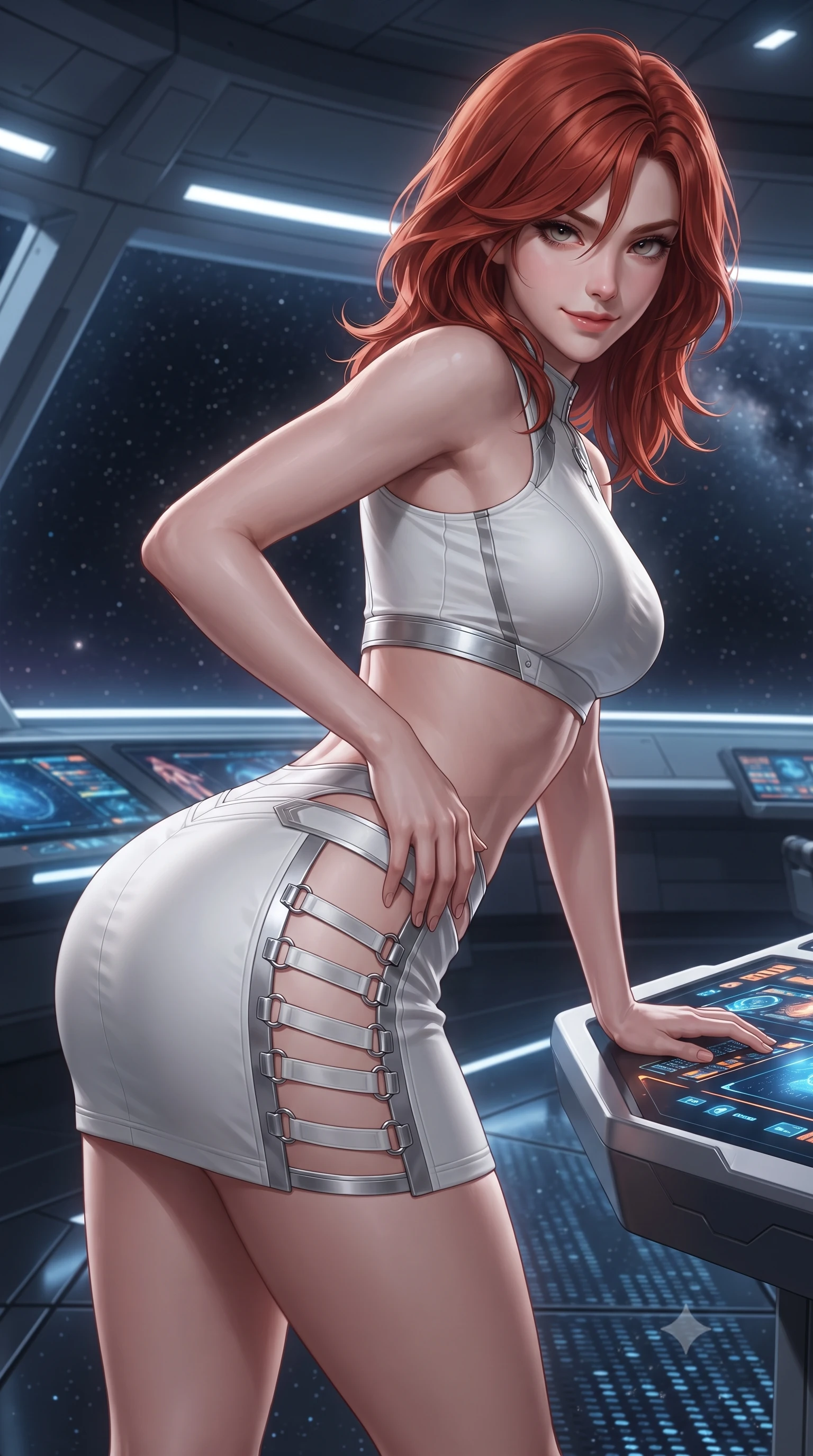score_9, masterpiece, best quality, ultra-detailed, high-budget anime keyframe, editorial fashion photography, tasteful artistic composition, Korean woman. close-up cowboy shot from the waist and thighs up, the character dominates the composition, filling the frame with her large presence. leaning forward over the illuminated command console while arching her lower back to accentuate her curvy hips, looking into the camera with a confident smoldering smile and intense bedroom-eyes while pausing mid-stride with one hand touching her hip armor, her statuesque 8.5-heads silhouette commanding the vast cosmic panoramic vista. The surrounding environment is rendered in vivid detail and crisp panoramic clarity: sharp structural glass bridge floor seams, micro-meteorite impact baffles, and titanium handrail hardware in deep focus. She has an exceptionally elegant, slender, and willowy female figure with an ultra-slim waist, flat toned midriff, narrow ribcage, and sculpted feminine hips creating an alluring, slim hourglass silhouette without bulk. sharp v-shaped jawline, high-bridge nose, intricate jewel-like sparkling eyes with depth, thick eyelashes, glossy parted lips with a natural sheen, bright confident smile with an enchanting and coquettish sensual glint, exuding both youthful magnetic charm and sovereign high-tech allure, flawlessly proportioned anatomical accuracy, strict slender model proportions, natural body alignment, perfectly sculpted long slender limbs, ultra-slim waistline, clean dynamic posture without body distortion. wearing a body-hugging modern carbon-alloy crop top paired with a low-rise tactical skirt and a subtle waist cut-out in pure alabaster white and brushed silver accents, tailored from brushed aeronautical titanium alloy with matte satin sheen, finished with sharp laser-cut side ventilation slits framed by silver hardware rings, the aerodynamic second-skin silhouette tightly following the natural contour of her hips and long slender legs with youthful 8.5-heads elegance. illuminated by internal skybridge LED pathway wash and sharp platinum rim lights defining her sculpted collarbones, ultra-slim waist, and curvy hips. ultra-reflective glossy finish, specular highlights, rich textural contrasts, high-contrast stereoscopic depth, volumetric dynamic lighting, 2k, ultra detail, master piece, 9:16 ratio