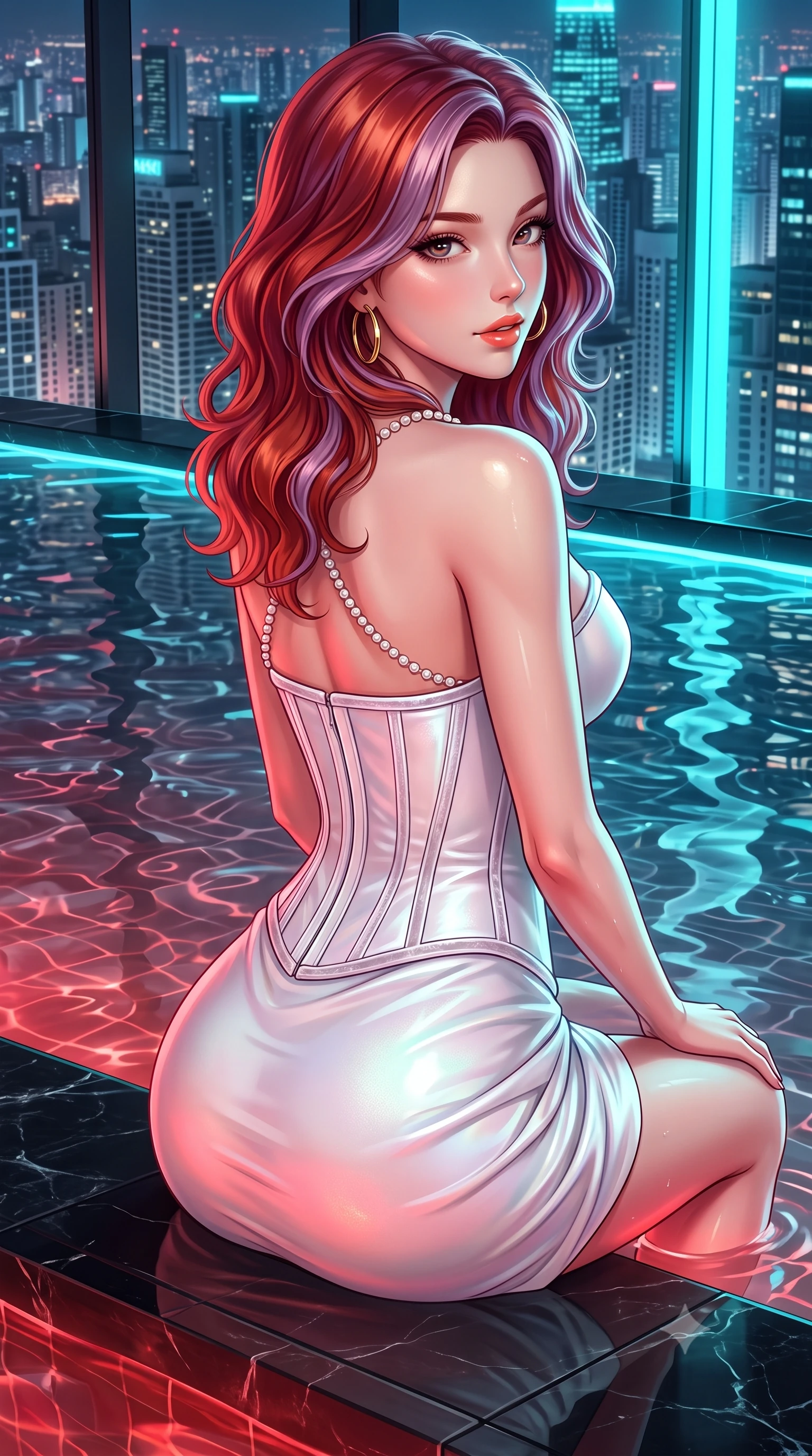 score_9, masterpiece, best quality, ultra-detailed, high-budget anime keyframe, semi-realistic 3D game render, editorial fashion photography, tasteful artistic composition, Caucasian woman. close-up cowboy shot from the waist and thighs up, the character dominates the composition, filling the frame with her large presence. posing in an alluring rear three-quarter angle, looking over a bare shoulder with parted glossy lips, her hips cocked back to highlight her slim hourglass curve while sitting on the submerged black marble ledge of the 60th-floor rooftop pool, arching her spine with wet-look siren grace as metropolis lights ripple across the water. The surrounding environment is rendered in vivid detail and crisp panoramic clarity: detailed wet-look liquid vinyl bodysuit cling, gold hoop earrings shine, and high-altitude infinity pool craft in high resolution. She has an exceptionally elegant, slender, and willowy female figure with an ultra-slim waist, flat toned midriff, narrow ribcage, and sculpted feminine hips creating an alluring, slim hourglass silhouette without bulk. sharp v-shaped jawline, high-bridge nose, sparkling eyes with hypnotic seductive depth, thick curled eyelashes, glossy parted lips with a natural dewy peach sheen, alluring bedroom-eyes with an enchanting coquettish smile, exuding magnetic siren charisma and sophisticated glamour, flawlessly proportioned anatomical accuracy, strict slender model proportions, natural body alignment, perfectly sculpted long slender limbs, ultra-slim waistline, clean dynamic posture without body distortion. wearing a structured boned satin corset bodice with crushed velvet piping paired with a draped tulip mini skirt in pure alabaster with iridescent mother-of-pearl sheen, tailored from fine structural neoprene with crisp architectural edges and smooth contouring, accented with a pearl-drop body harness subtly framing her dewy collarbones and spine, the glove-like clinging cut tightly following the natural contour of her hips and long slender legs with youthful 8.5-heads elegance. bathed in warm underwater crimson pool illumination paired with cold neon cyan ambient skyline glow. highly saturated vibrant anime colors, detailed shading with soft gradients, rich glossy textures, high-contrast stereoscopic depth, volumetric dynamic lighting, master piece, 9:16 ratio