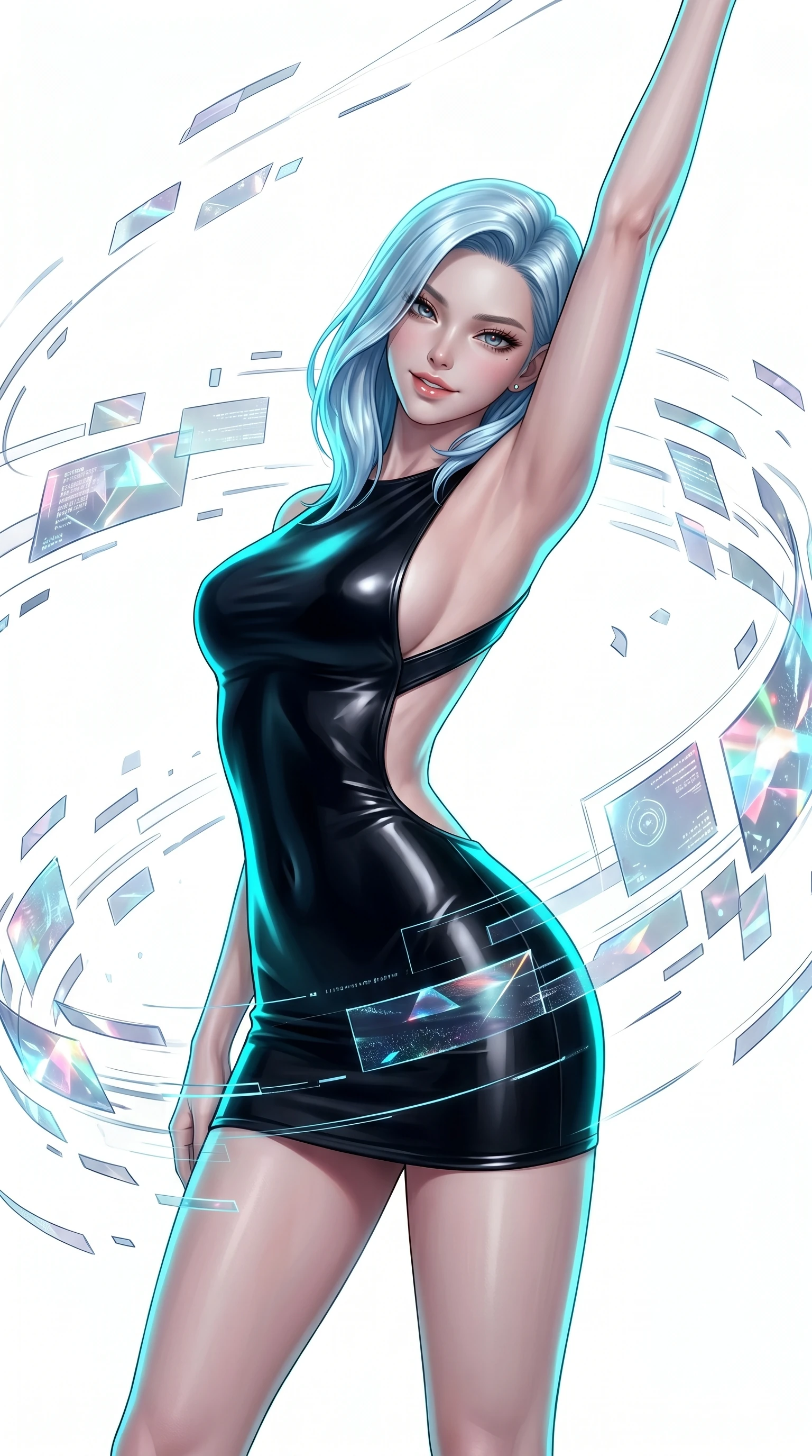 score_9, masterpiece, best quality, ultra-detailed, high-budget anime keyframe, semi-realistic 3D game render, Korean woman. Upper body close-up from the thighs up, character filling the screen for maximum presence. She is leaning back with a seductive, challenging smile amidst swirling holographic data shards in a brilliant white digital void. She stretches one arm overhead in a dynamic, fluid motion. She has an absolutely perfect 8-heads proportion, an exceptionally tall and slender female figure with impossibly long slender legs and an ultra-slim waist. V-shaped jawline, high-bridge nose, intricate jewel-like eyes with depth, thick eyelashes, glossy lips with a natural sheen. She is wearing a second-skin fashion-latex mini dress with a clean architectural front, featuring an open-back design that wraps around the sides of her waist, showcasing her slender silhouette. The scene is illuminated by stark white key lights and a neon cyan rim light tracing her curves. 2k, ultra detail, master piece, 9:16 ratio