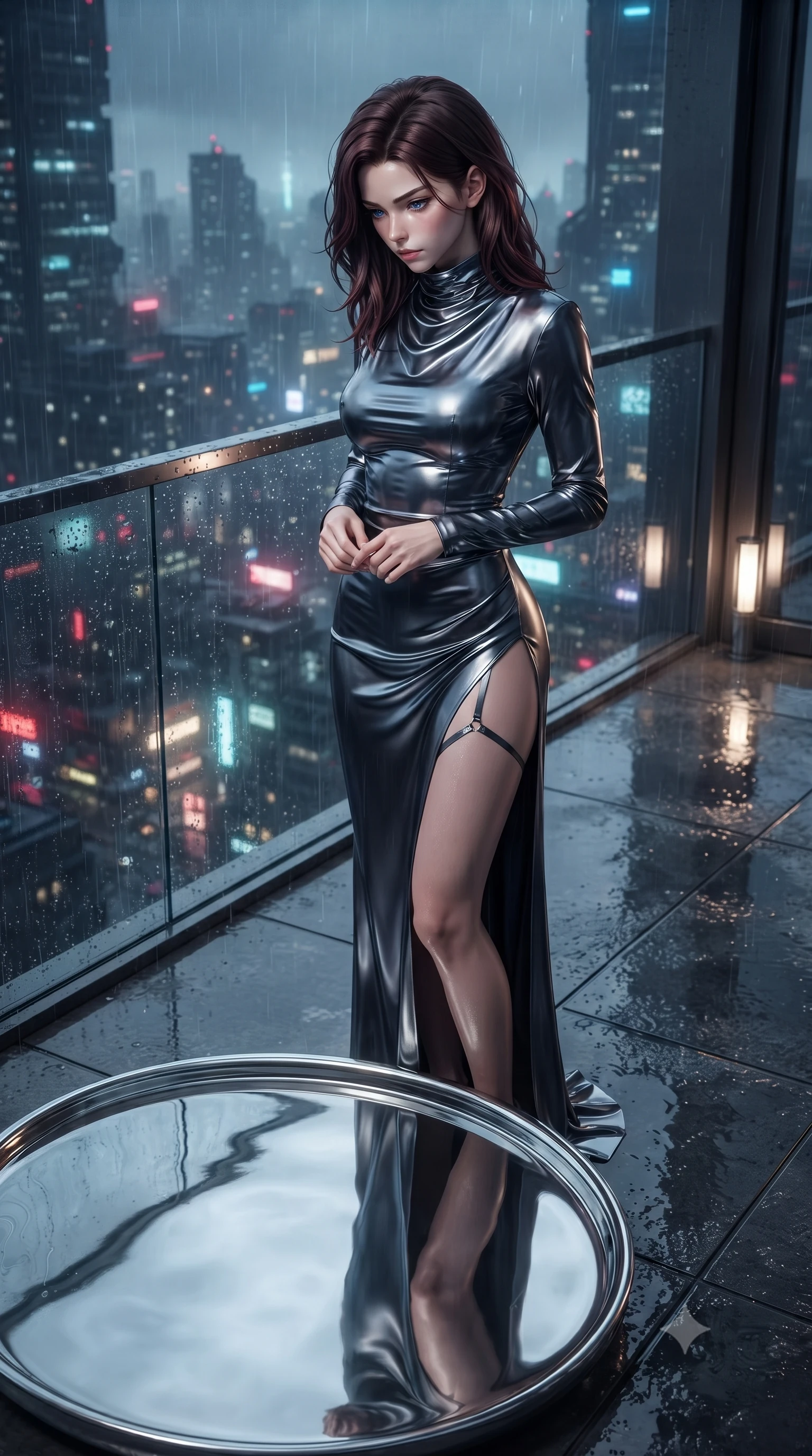 score_9, masterpiece, best quality, ultra-detailed, High-budget Anime Keyframe, editorial fashion photography, tasteful artistic composition, realistic cosplay photography, East Asian woman. Dynamic full-body shot stretching the vertical silhouette to the limit. Scenario 280: gazing at her reflection in a pool of liquid silver in a minimalist glass balcony overlooking a rainy cyberpunk megacity. Her presence is magnetic and overpowering in this high-budget cinematic scene. Outfit 280: a body-hugging molten liquid silk garter with a thigh-high slit and wet-look texture. The clothing is designed to emphasize her exceptionally tall and slender 8-heads proportion. 8-heads proportion, towering silhouette, ultra-slim waist. sharp v-shaped jawline, intricate jewel-like eyes with depth, thick eyelashes, glossy lips. ultra-reflective glossy finish, specular highlights, metallic sheen, high-contrast stereoscopic depth, volumetric dynamic lighting, 2k, ultra detail, master piece, 9:16 ratio