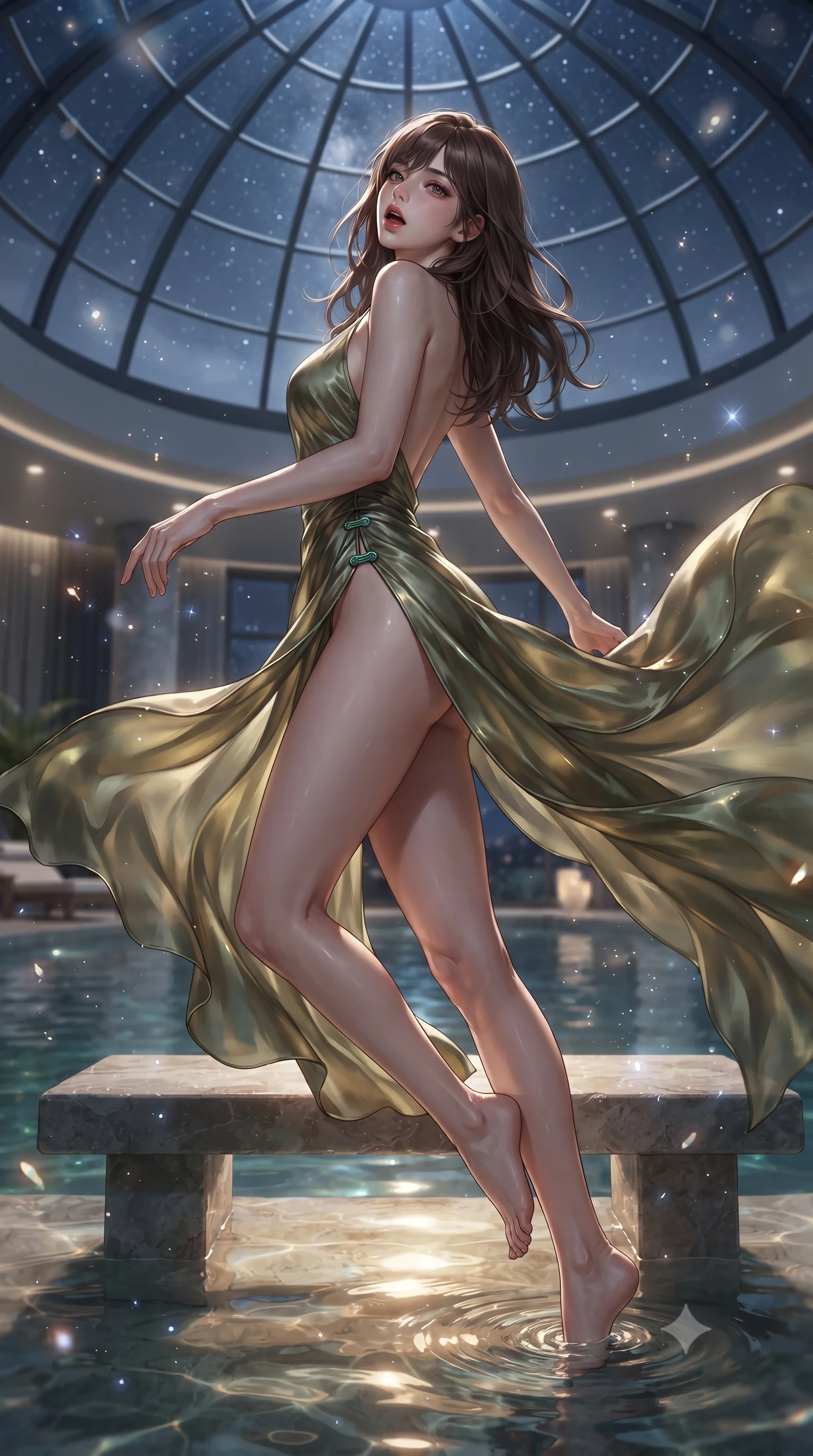 score_9, masterpiece, best quality, ultra-detailed, high-budget anime keyframe, editorial fashion photography, tasteful artistic composition, Korean woman. low angle full-body shot from head to toe showing her feet, filling the entire 9:16 vertical frame with her statuesque presence, stretching her vertical silhouette. executing an elegant mid-motion pivot turn as garments swirl around her slender limbs, glancing over her shoulder with an intoxicating bedroom-gaze while resting on a submerged stone bench as warm water laps at her waist, head tilted back toward the starry glass dome with parted lips. The composition keeps background elements in soft focus with creamy bokeh. shimmering pool caustics and floating pollen motes scattering ethereal luminescent sparkles. She has an absolutely perfect, statuesque 8.5-heads proportion, an exceptionally tall and slender model-like female figure with impossibly long slender legs, a toned flat midriff, an ultra-slim waist, and beautifully sculpted feminine hips. sharp v-shaped jawline, high-bridge nose, intricate jewel-like eyes with depth, thick eyelashes, glossy parted lips with a natural sheen, intensely captivating and seductive bedroom-eyes expression, flawlessly proportioned anatomical accuracy, strict slender model proportions, natural body alignment, perfectly sculpted long slender limbs, ultra-slim waistline, clean dynamic posture without body distortion. wearing a liquid metallic olive gown with open side slits ascending to the high hip in warm terracotta and natural linen cream, crafted from weightless prism organza that refracts light with every motion, finished with an ultra-high side slit secured by miniature jade clasps, the precision-cut side openings and low-back scoop framing her graceful spine and the sensual sweep of her hips. bathed in cool silver moonlight filtering through the glass dome and warm underwater pool uplights. ultra-reflective glossy finish, specular highlights, rich textural contrasts, high-contrast stereoscopic depth, volumetric dynamic lighting, 2k, ultra detail, master piece, 9:16 ratio