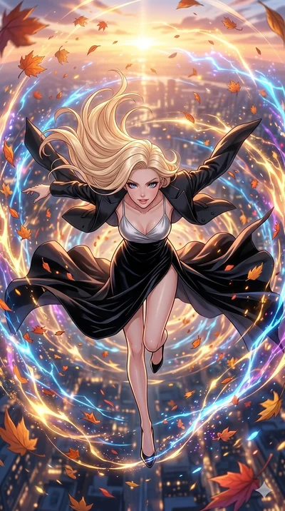 score_9, masterpiece, best quality, ultra-detailed, high-budget anime movie keyframe, cinematic anime lighting, intricate line art, Japanese anime girl. Extreme high angle shot as she leaps towards the camera, filling the frame. diving into a vortex 