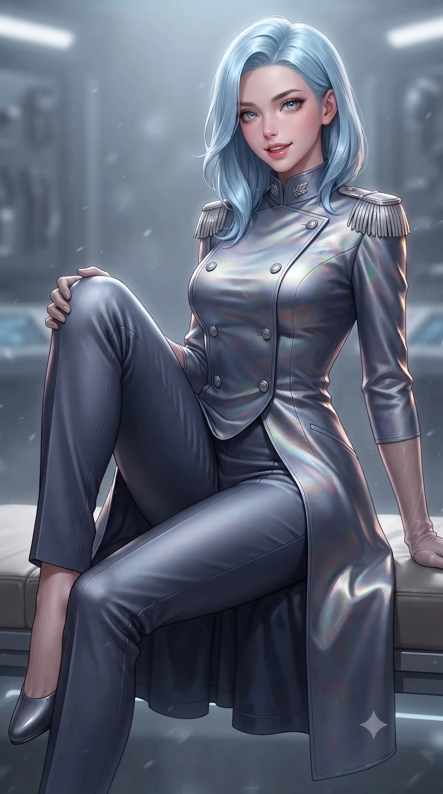 score_9, masterpiece, best quality, ultra-detailed, high-budget anime keyframe, editorial fashion photography, tasteful artistic composition, Korean woman. close-up cowboy shot from the waist and thighs up, the character dominates the composition, filling the frame with her large presence. perched sideways on the lounge seat, one knee drawn up to showcase her slender leg line while her arched back accentuates her feminine hip curve while sitting gracefully on the floating magnetic inspection platform with legs crossed, flashing a teasing smile with parted glossy lips. The background shows a soft-focus zero-gravity particulate haze softened in orbital defense armory shallow focus. She has an exceptionally elegant, slender, and willowy female figure with an ultra-slim waist, flat toned midriff, narrow ribcage, and sculpted feminine hips creating an alluring, slim hourglass silhouette without bulk. sharp v-shaped jawline, high-bridge nose, intricate jewel-like sparkling eyes with depth, thick eyelashes, glossy parted lips with a natural peach sheen, bright cheerful beaming smile with an enchanting and coquettish sensual glint, exuding both youthful cute charm and seductive allure, flawlessly proportioned anatomical accuracy, strict slender model proportions, natural body alignment, perfectly sculpted long slender limbs, ultra-slim waistline, clean dynamic posture without body distortion. wearing a tailored orbital navy officer dress uniform featuring a structured double-breasted coat with silver epaulets, high mandarin collar, and matching pressed slacks in iridescent mother-of-pearl and liquid molten silver, woven from structured carbon-fiber jacquard with rich textural depth, complemented by sheer opera-length evening gloves tracing her slender arms, the impeccably tailored cut draping gracefully along her slender figure with aristocratic poise. illuminated by dark titanium floor reflection bounce and sharp platinum-amber rim lights sculpting her jawline, narrow waist, and curvy hips. ultra-reflective glossy finish, specular highlights, rich textural contrasts, high-contrast stereoscopic depth, volumetric dynamic lighting, 2k, ultra detail, master piece, 9:16 ratio