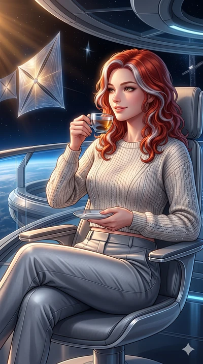 score_9, masterpiece, best quality, ultra-detailed, high-budget anime keyframe, Caucasian woman, strictly human ears. Upper body close-up from the thighs up, character filling the screen for maximum presence. On a private orbital balcony, sipping tea