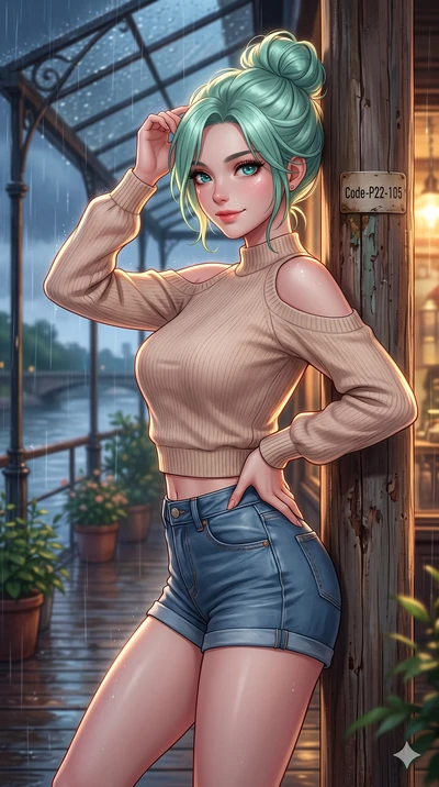 score_9, masterpiece, best quality, ultra-detailed, high-budget anime keyframe, vibrant anime aesthetic, Japanese woman. close-up cowboy shot from the waist and thighs up, the character dominates the composition, filling the frame with her large pres