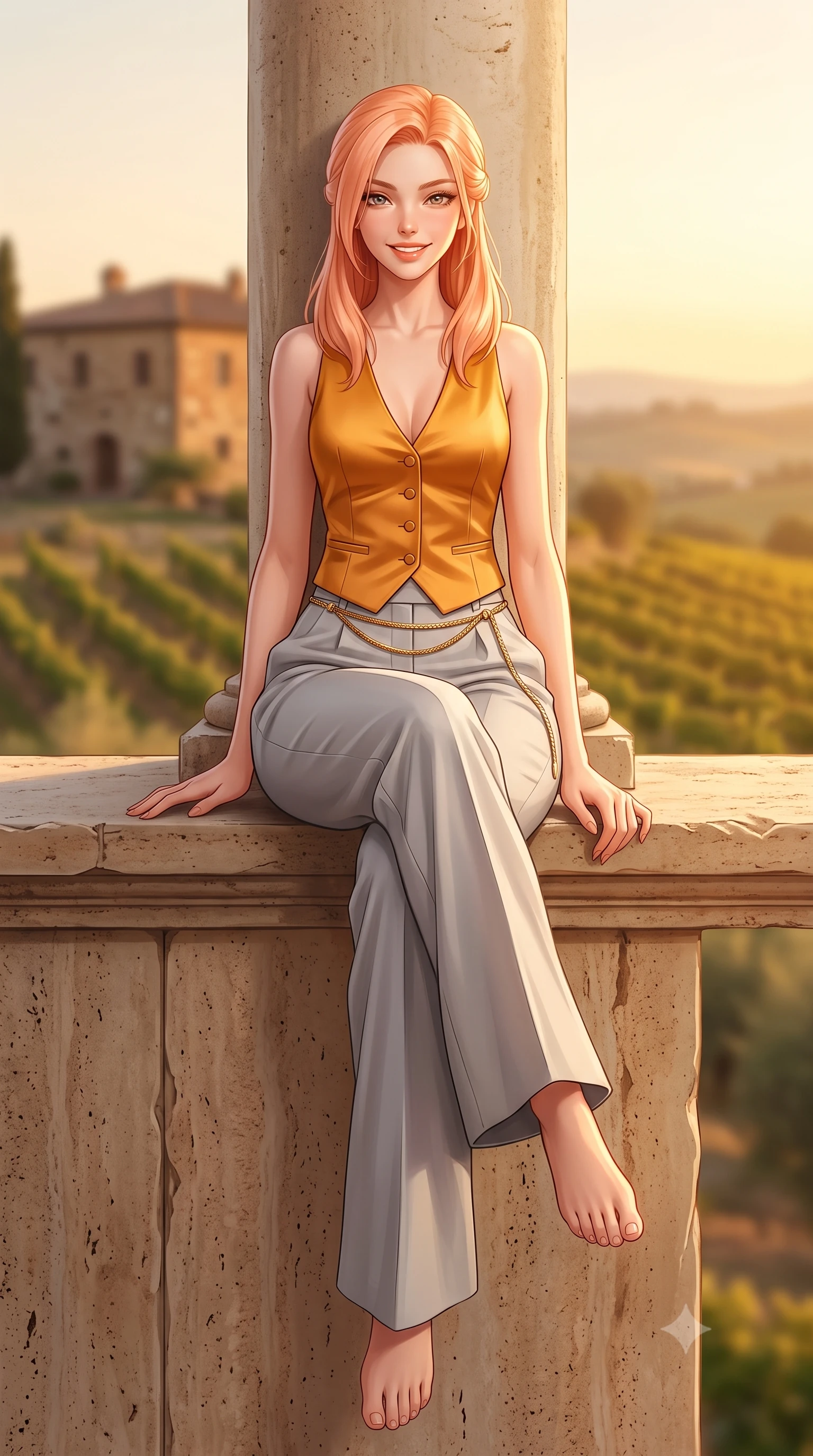 score_9, masterpiece, best quality, ultra-detailed, high-budget anime keyframe, semi-realistic 3D game render, editorial fashion photography, tasteful artistic composition, Japanese woman. low angle full-body shot from head to toe showing her feet, filling the entire 9:16 vertical frame with her statuesque presence, stretching her vertical silhouette. sitting perched on the elevated stone edge with legs crossed and hips angled toward the camera, displaying her toned midriff and long slender limbs with joyful, coquettish charm while leaning against the travertine pool deck pillar with hips cocked back, casting an intoxicating, sunlit bedroom-gaze toward the camera. The composition keeps background elements in soft focus with dreamy creamy bokeh. a distant historic stone farmhouse and vineyard slopes softened in serene Italian countryside shallow focus. She has an exceptionally tall and slender model-like 8.5-heads proportion, an ultra-slim waist, a flat toned midriff, narrow delicate ribcage, and beautifully sculpted feminine hips creating a graceful, slim hourglass silhouette without any bulky heaviness, with impossibly long slender legs. sharp v-shaped jawline, high-bridge nose, sparkling amber-hazel eyes with depth, long lush eyelashes, glossy sun-kissed lips with a warm coral glaze, radiant teasing smile with sensual sunlit bedroom-eyes, exuding effortless old-money elegance and intoxicating sun-drenched allure, flawlessly proportioned anatomical accuracy, strict slender model proportions, natural body alignment, perfectly sculpted long slender limbs, ultra-slim waistline, clean dynamic posture without body distortion. wearing a tailored satin resort vest worn closed against bare skin with high-waisted silk palazzo pants cinched at her narrow waist in rich saffron amber and soft dove grey, tailored from crisp cotton poplin with clean structural architectural lines, finished with a delicate gold snake chain belt resting loosely on her curvy hips, the high-waisted tailoring accentuating her ultra-slim waistline and the enchanting curve of her feminine hips with alluring sunlit charm. bathed in pure molten Tuscan golden hour light streaming horizontally across the hills. highly saturated vibrant anime colors, detailed shading with soft gradients, rich glossy textures, high-contrast stereoscopic depth, volumetric dynamic lighting, master piece, 9:16 ratio