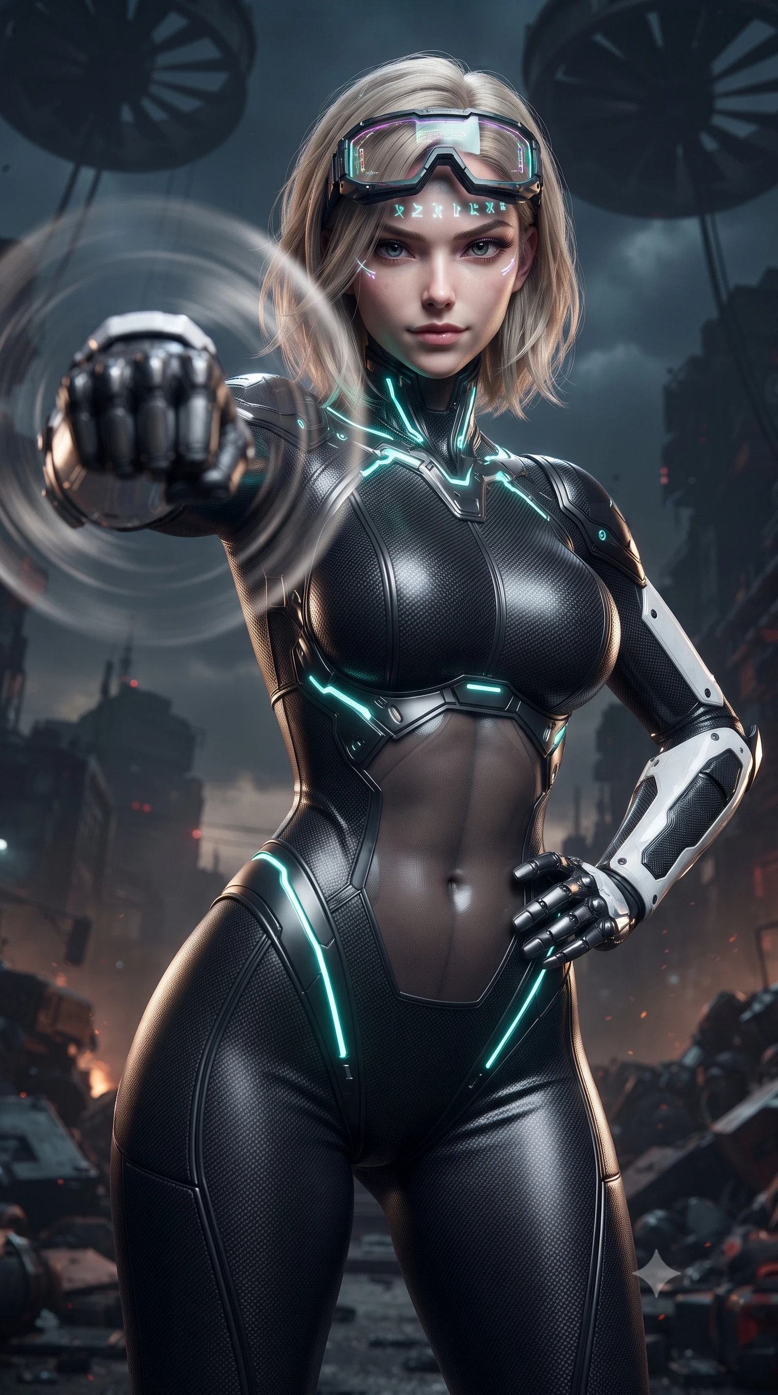 score_9, masterpiece, best quality, ultra-detailed, high-budget anime keyframe, editorial fashion photography, tasteful artistic composition, Caucasian woman. close-up cowboy shot from the waist and thighs up, the character dominates the composition, filling the frame with her large presence. thrusting a high-speed kinetic punch toward the camera, a visible conical shockwave distortion wrapping around her armored forearm while resting one hand on her hip with a haughty, captivating battle smirk as giant exhaust turbines turn slowly overhead. The surrounding environment is rendered in vivid detail and crisp panoramic clarity. high-contrast industrial chiaroscuro and gritty cyberpunk scrapheap aesthetics captured with sharpness. She has an exceptionally elegant, slender, and willowy female figure with an ultra-slim waist, a gracefully sculpted slender torso, toned flat midriff, and a refined slim silhouette. sharp v-shaped jawline, high-bridge nose, intricate jewel-like eyes with depth, thick eyelashes, glossy lips with a natural sheen, fierce and resolute heroine expression, flawlessly proportioned anatomical accuracy, strict slender model proportions, natural body alignment, perfectly sculpted long slender limbs, ultra-slim waistline, clean dynamic posture without body distortion. wearing high-tech holographic tactical goggles resting tipped up on her forehead, casting glowing neon runes across her brow without obscuring her features, paired with a skin-tight dark carbon-weave combat bodysuit with glowing neon energy conduits and reinforced Damascus-pattern forearm strike guards in monochrome white enamel carbon with high-contrast black tactical panels, made of lightweight aerodynamic carbon-titanium alloy with precision-beveled armor seams, accented with glowing fiber-optic telemetry conduits tracing her collarbones and hip curves, the glove-like aerodynamic second-skin fit tightly clinging to her ultra-slender waist and athletic curves without adding bulk, accentuating her razor-sharp statuesque lines and slim hourglass silhouette. illuminated by crisp specular highlights tracing her sculpted flat midriff, bare spine, and slender limbs. ultra-reflective glossy finish, specular highlights, dark metallic sheen, high-contrast stereoscopic depth, volumetric dynamic lighting, 2k, ultra detail, master piece, 9:16 ratio