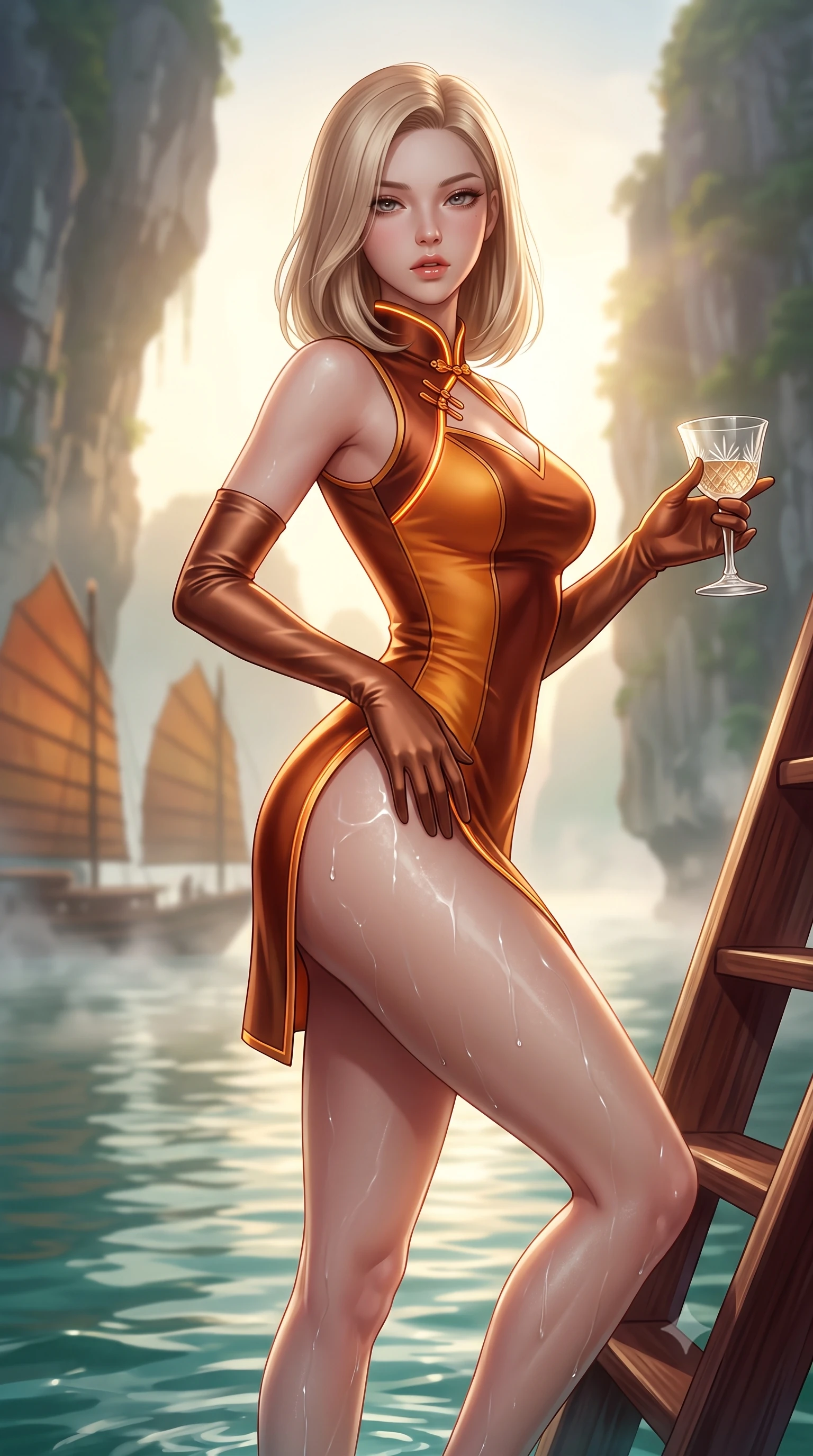 score_9, masterpiece, best quality, ultra-detailed, high-budget anime keyframe, semi-realistic 3D game render, editorial fashion photography, tasteful artistic composition, Korean woman. close-up cowboy shot from the waist and thighs up, the character dominates the composition, filling the frame with her large presence. arching her spine backward with effortless dancer poise, one hand sliding along her hip line as directional light carves specular highlights along her silhouette while wading down the mahogany swim ladder with one knee bent, water caustics tracing her feminine hips and long slender legs in the emerald bay. The composition keeps background elements in soft focus with creamy bokeh. traditional junk boat sails and rising morning sea mist softened in mystical Vietnamese shallow focus. She has an exceptionally elegant, slender, and willowy female figure with an ultra-slim waist, flat toned midriff, narrow ribcage, and sculpted feminine hips creating an alluring, slim hourglass silhouette without bulk. sharp v-shaped jawline, high-bridge nose, intricate jewel-like eyes with depth, thick eyelashes, glossy parted lips with a natural sheen, intensely captivating and seductive bedroom-eyes expression, flawlessly proportioned anatomical accuracy, strict slender model proportions, natural body alignment, perfectly sculpted long slender limbs, ultra-slim waistline, clean dynamic posture without body distortion. wearing a modernized cyber-qipao mini dress with an ultra-high side slit ascending to the hip and glowing piping in rich copper bronze and warm amber, tailored from liquid silk jersey adhering flawlessly to her slender build, accessorized with opera-length satin gloves and a vintage crystal glass, the liquid-tight tailored fabric clinging flawlessly to her narrow waist and rounded feminine hips, emphasizing every millimeter of her sculpted slim hourglass curves without any bulky heaviness. bathed in soft golden dawn sunlight filtering through sea mist between colossal limestone pillars. highly saturated vibrant anime colors, detailed shading with soft gradients, rich glossy textures, high-contrast stereoscopic depth, volumetric dynamic lighting, master piece, 9:16 ratio