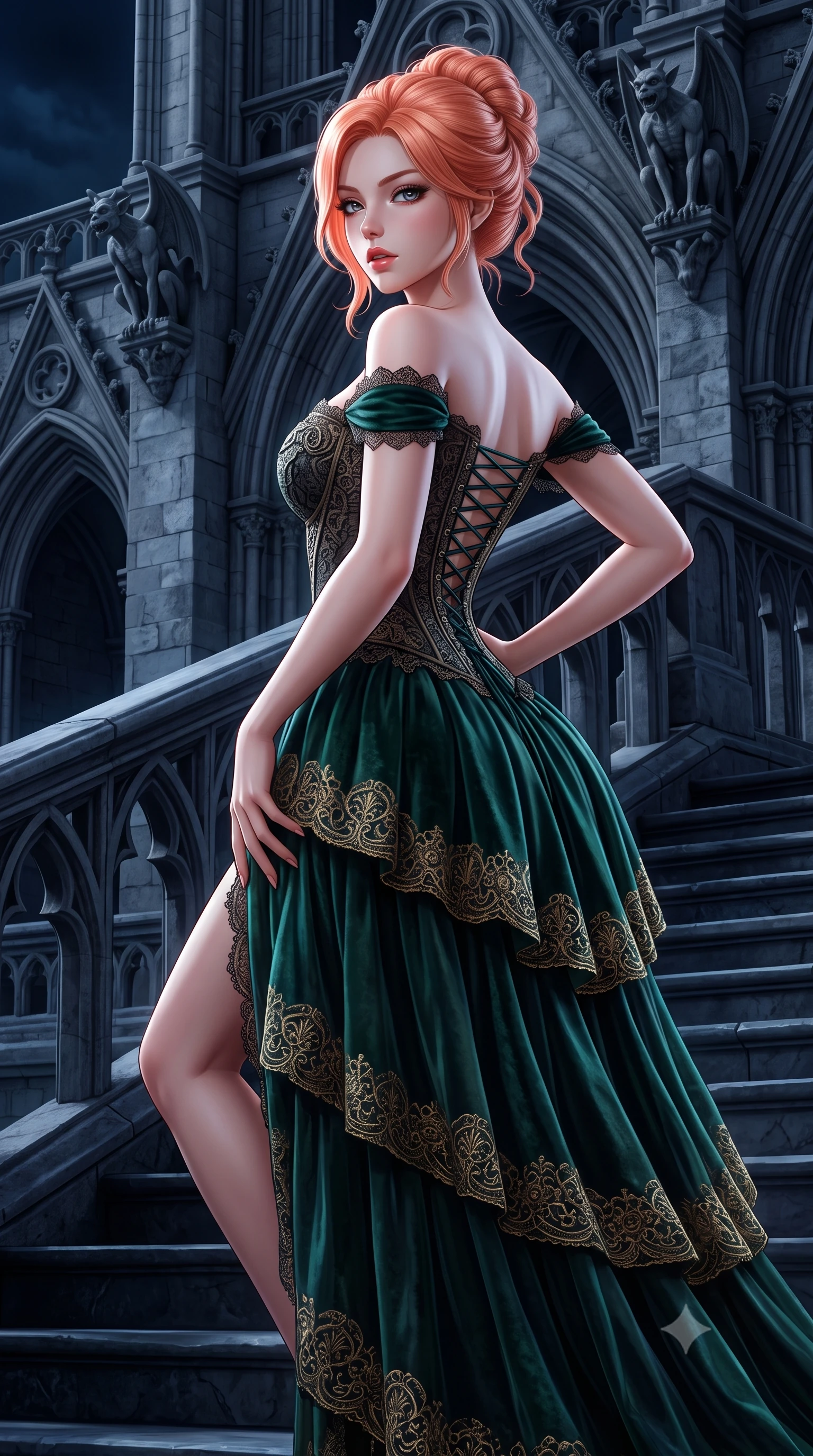 score_9, masterpiece, best quality, ultra-detailed, high-budget anime keyframe, semi-realistic 3D game render, editorial fashion photography, tasteful artistic composition, Japanese woman. close-up cowboy shot from the waist and thighs up, the character dominates the composition, filling the frame with her large presence. arching her spine in an alluring serpentine S-curve, one hand resting on her waist with parted glossy lips and an intensely magnetic gaze while descending the cold cathedral steps with fluid supermodel momentum, the night wind fluttering her dark drapery. The surrounding environment is rendered in vivid detail and crisp panoramic clarity. intricate stone rib vaulting, gothic gargoyle carvings, and cold marble flagstone textures in deep focus. She has an exceptionally elegant, slender, and willowy female figure with an ultra-slim waist, a gracefully sculpted slender torso, toned flat midriff, and a refined slim silhouette. sharp v-shaped jawline, high-bridge nose, intricate jewel-like eyes with depth, thick eyelashes, glossy parted lips with a natural sheen, intensely captivating and seductive expression, flawlessly proportioned anatomical accuracy, strict slender model proportions, natural body alignment, perfectly sculpted long slender limbs, ultra-slim waistline, clean dynamic posture without body distortion. wearing an off-shoulder Victorian corset bodice dress paired with a tiered gathered chiffon slit skirt in antique emerald velvet and gold filigree, tailored from liquid silk jersey adhering flawlessly to her slender build, accented with criss-cross corset back lacing highlighting her graceful shoulder blades, the glove-like aerodynamic second-skin fit tightly clinging to her ultra-slender waist and feminine curves without adding bulk. surrounded by an immortal, transcendent, and breathtakingly majestic gothic siren aura. highly saturated vibrant anime colors, detailed shading with soft gradients, rich glossy textures, high-contrast stereoscopic depth, volumetric dynamic lighting, master piece, 9:16 ratio