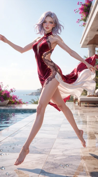 score_9, masterpiece, best quality, ultra-detailed, high-budget anime keyframe, editorial fashion photography, tasteful artistic composition, Caucasian woman. low angle full-body shot from head to toe showing her feet, filling the entire 9:16 vertica
