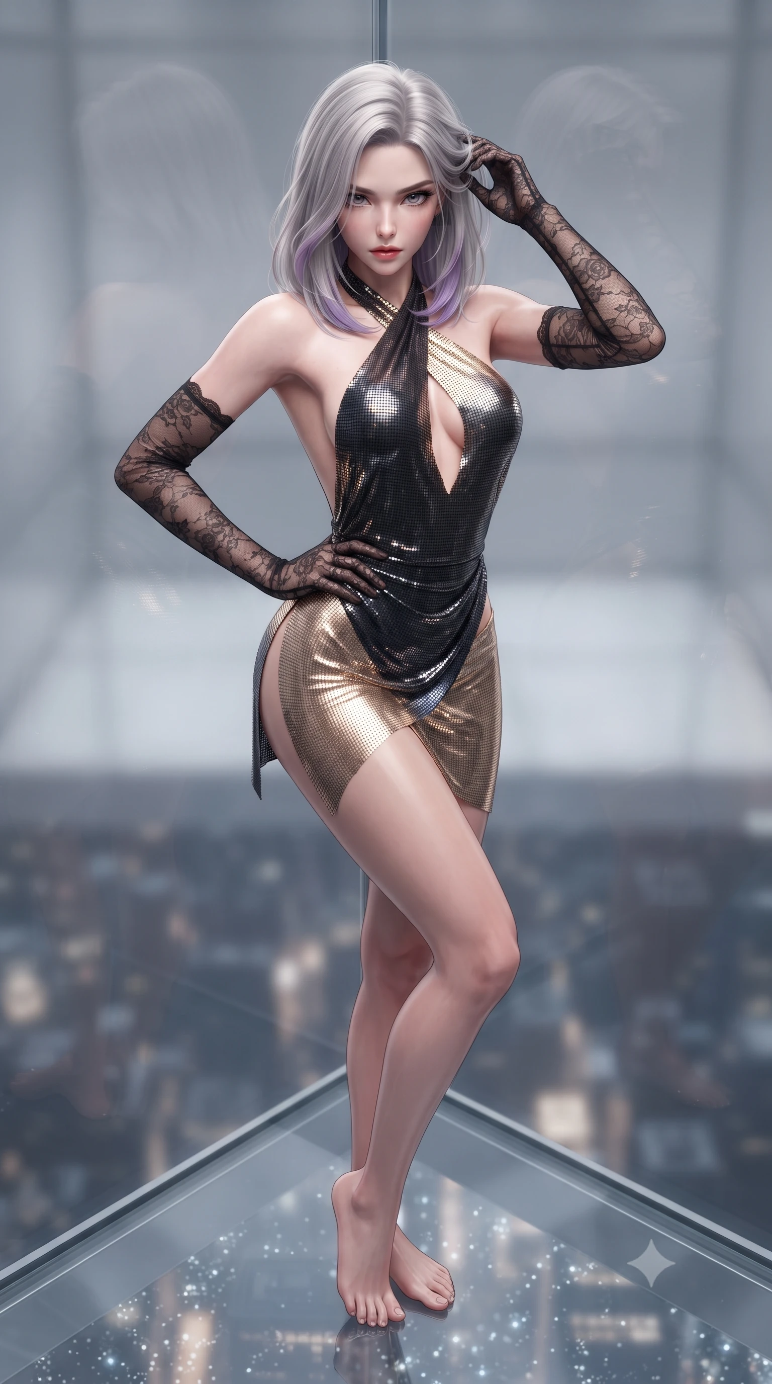 score_9, masterpiece, best quality, ultra-detailed, high-budget anime keyframe, editorial fashion photography, tasteful artistic composition, Caucasian woman. close-up cowboy shot from the waist and thighs up, the character dominates the composition, filling the frame with her large presence. twisting her slender torso in an alluring contrapposto stance, one hand resting on her sculpted hip while her fingers toy with her hair with effortless poise while leaning against the seamless glass corner with hips cocked back, looking down through the glass floor at the glittering city abyss with bedroom-eyes. The background shows a soft-focus acrylic swimming cube structural brackets softened in dizzying architectural shallow focus. She has an exceptionally elegant, slender, and willowy female figure with an ultra-slim waist, flat toned midriff, narrow ribcage, and sculpted feminine hips creating an alluring, slim hourglass silhouette without bulk. sharp v-shaped jawline, high-bridge nose, sparkling eyes with hypnotic seductive depth, thick curled eyelashes, glossy parted lips with a natural dewy peach sheen, alluring bedroom-eyes with an enchanting coquettish smile, exuding magnetic siren charisma and sophisticated glamour, flawlessly proportioned anatomical accuracy, strict slender model proportions, natural body alignment, perfectly sculpted long slender limbs, ultra-slim waistline, clean dynamic posture without body distortion. wearing a criss-cross halterneck keyhole bodysuit with open back and sculpted waist darts in midnight obsidian black and liquid champagne gold, crafted from shimmering fluid chainmail mesh reflecting ambient lights, complemented by sheer opera-length lace evening gloves tracing her slender arms, the high-slit wrap tailoring accentuating her ultra-slim waistline and the enchanting curve of her feminine hips with alluring seductive charm. illuminated by glass cube internal reflections and sharp platinum rim lights defining her razor-sharp jawline, narrow waist, and voluptuous hip curves. ultra-reflective glossy finish, specular highlights, rich textural contrasts, high-contrast stereoscopic depth, volumetric dynamic lighting, 2k, ultra detail, master piece, 9:16 ratio