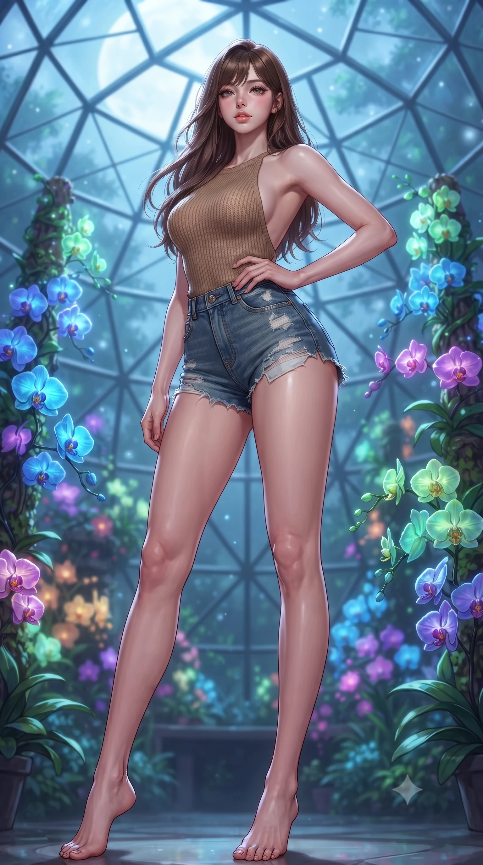 score_9, masterpiece, best quality, ultra-detailed, high-budget anime keyframe, editorial fashion photography, tasteful artistic composition, Korean woman. low angle full-body shot from head to toe showing her feet, filling the entire 9:16 vertical frame with her statuesque presence, stretching her vertical silhouette. posing confidently with one hand on her hip, stretching her statuesque body to emphasize her curves the background shows a soft-focus a geodesic glass greenhouse dome filled with glowing bioluminescent tropical orchids. She has an absolutely perfect, statuesque 8.5-heads proportion, an exceptionally tall and slender model-like female figure with impossibly long slender legs and an ultra-slim waist. sharp v-shaped jawline, high-bridge nose, intricate jewel-like eyes with depth, thick eyelashes, glossy lips with a natural sheen. wearing a body-hugging backless knit top in beige wool, paired with high-waisted denim shorts. cool ambient moonlight filtering through glass ceiling panels. highly saturated vibrant anime colors, detailed shading with soft gradients, rich glossy textures, high-contrast stereoscopic depth, volumetric dynamic lighting, master piece, 9:16 ratio