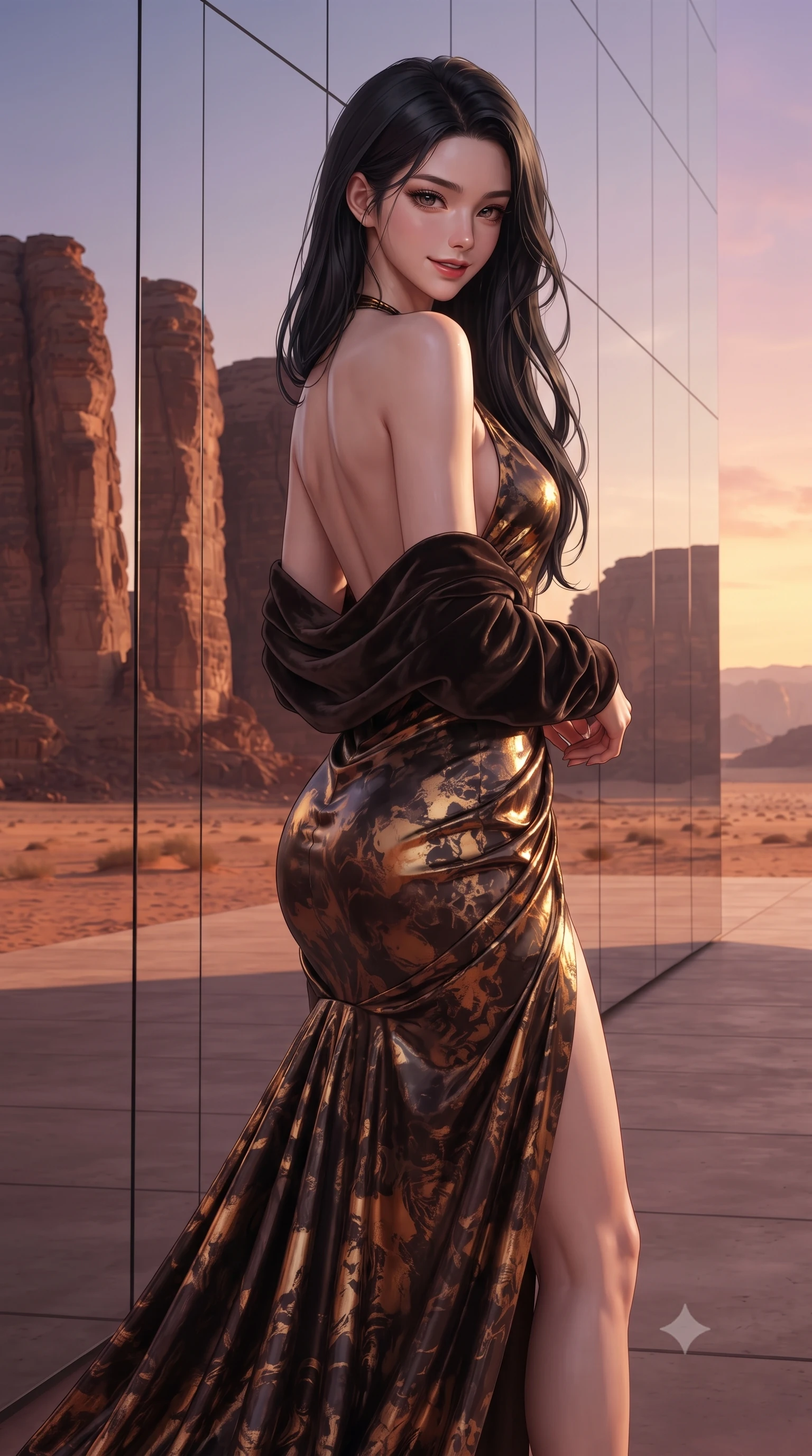 score_9, masterpiece, best quality, ultra-detailed, high-budget anime keyframe, semi-realistic 3D game render, editorial fashion photography, tasteful artistic composition, Korean woman. close-up cowboy shot from the waist and thighs up, the character dominates the composition, filling the frame with her large presence. turning over a bare shoulder with an intoxicating, teasing smile, her soft hair framing her sharp jawline as her hips angle gracefully while standing beside the monumental mirrored facade reflecting towering red sandstone monoliths, arching her lower back in high-fashion sovereign poise. The surrounding environment is rendered in vivid detail and crisp panoramic clarity. detailed couture gown drape, sunset specular sheen on skin, and Saudi canyon horizon clarity in high resolution. She has an exceptionally elegant, slender, and willowy female figure with an ultra-slim waist, flat toned midriff, narrow ribcage, and sculpted feminine hips creating an alluring, slim hourglass silhouette without bulk. sharp v-shaped jawline, high-bridge nose, intricate jewel-like eyes with depth, thick eyelashes, glossy parted lips with a natural sheen, intensely captivating and seductive bedroom-eyes expression, flawlessly proportioned anatomical accuracy, strict slender model proportions, natural body alignment, perfectly sculpted long slender limbs, ultra-slim waistline, clean dynamic posture without body distortion. wearing an open-back duchess satin gala gown with a dramatic hip-hugging drape and cascading trailing hem in dark espresso brown and molten gold foil, crafted from luxurious metallic lamé that shifts radiance with every step, complemented by a plush velvet shawl draped loosely over her elbows, the glove-like aerodynamic silhouette tightly following the natural contour of her hips and long slender legs with statuesque 8.5-heads elegance. bathed in glorious desert sunset glow in rich shades of molten copper and violet. highly saturated vibrant anime colors, detailed shading with soft gradients, rich glossy textures, high-contrast stereoscopic depth, volumetric dynamic lighting, master piece, 9:16 ratio
