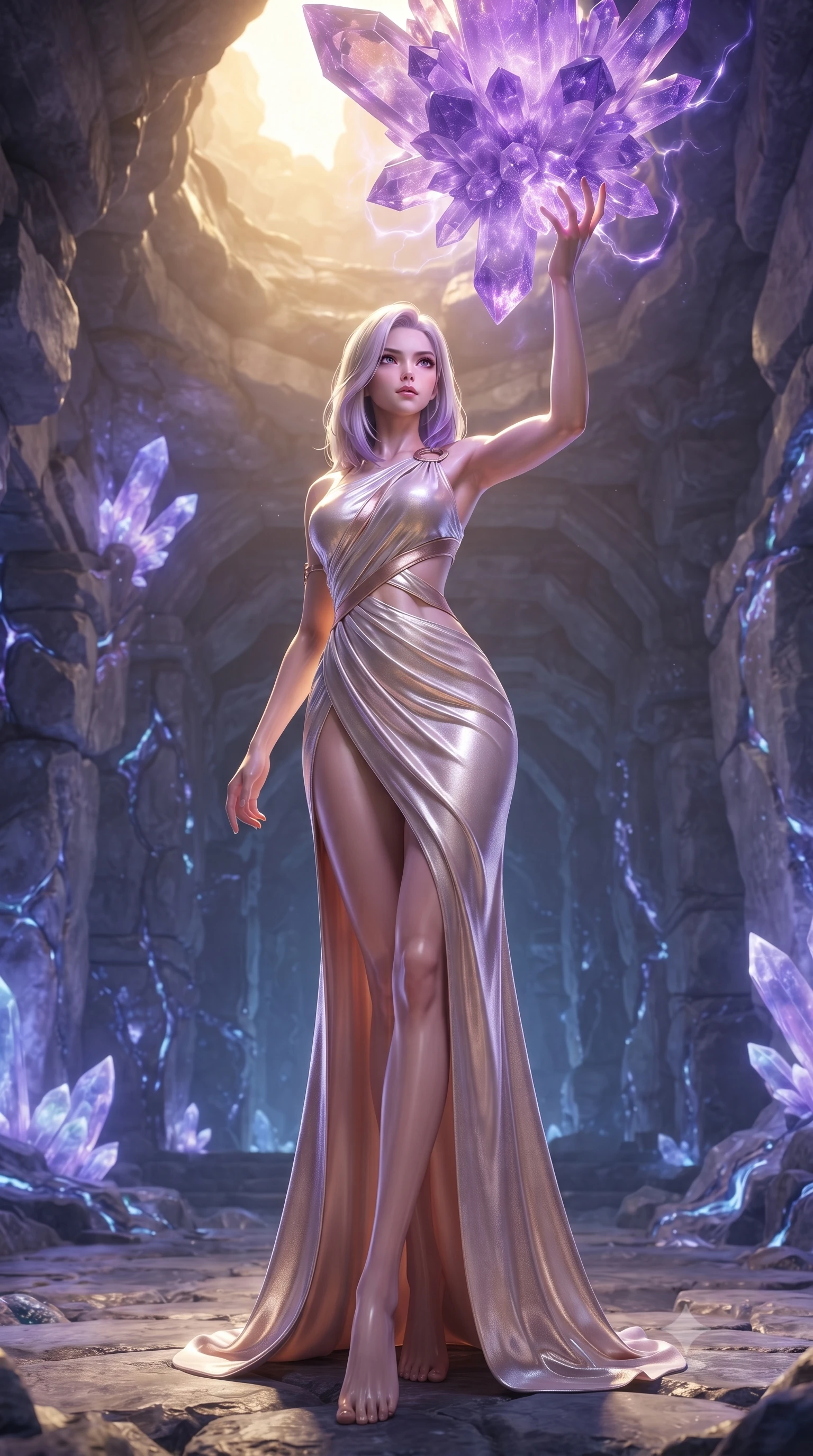 score_9, masterpiece, best quality, ultra-detailed, high-budget anime keyframe, editorial fashion photography, tasteful artistic composition, Caucasian woman. low angle full-body shot from head to toe showing her feet, filling the entire 9:16 vertical frame with her statuesque presence, stretching her vertical silhouette. forging dynamically through the scene, her vertical silhouette beautifully stretched touching a giant floating violet crystal cluster emitting pulsing energy, bioluminescent opal veins pulsing softly in the surrounding stone walls. She has an absolutely perfect, statuesque 8.5-heads proportion, an exceptionally tall and slender model-like female figure with impossibly long slender legs and an ultra-slim waist. sharp v-shaped jawline, high-bridge nose, intricate jewel-like eyes with depth, thick eyelashes, glossy lips with a natural sheen. wearing an asymmetrical Grecian draped chiffon gown with a metallic shoulder ring in pearl white and rose gold, made of premium stretch velvet with a rich sheen, featuring subtle geometric cutouts that highlight her ultra-slim midriff, the tailored fabric tightly following every curve of her athletic build. lit by warm golden sunlight colliding with cool violet crystal illumination. ultra-reflective glossy finish, specular highlights, metallic sheen, high-contrast stereoscopic depth, volumetric dynamic lighting, 2k, ultra detail, master piece, 9:16 ratio
