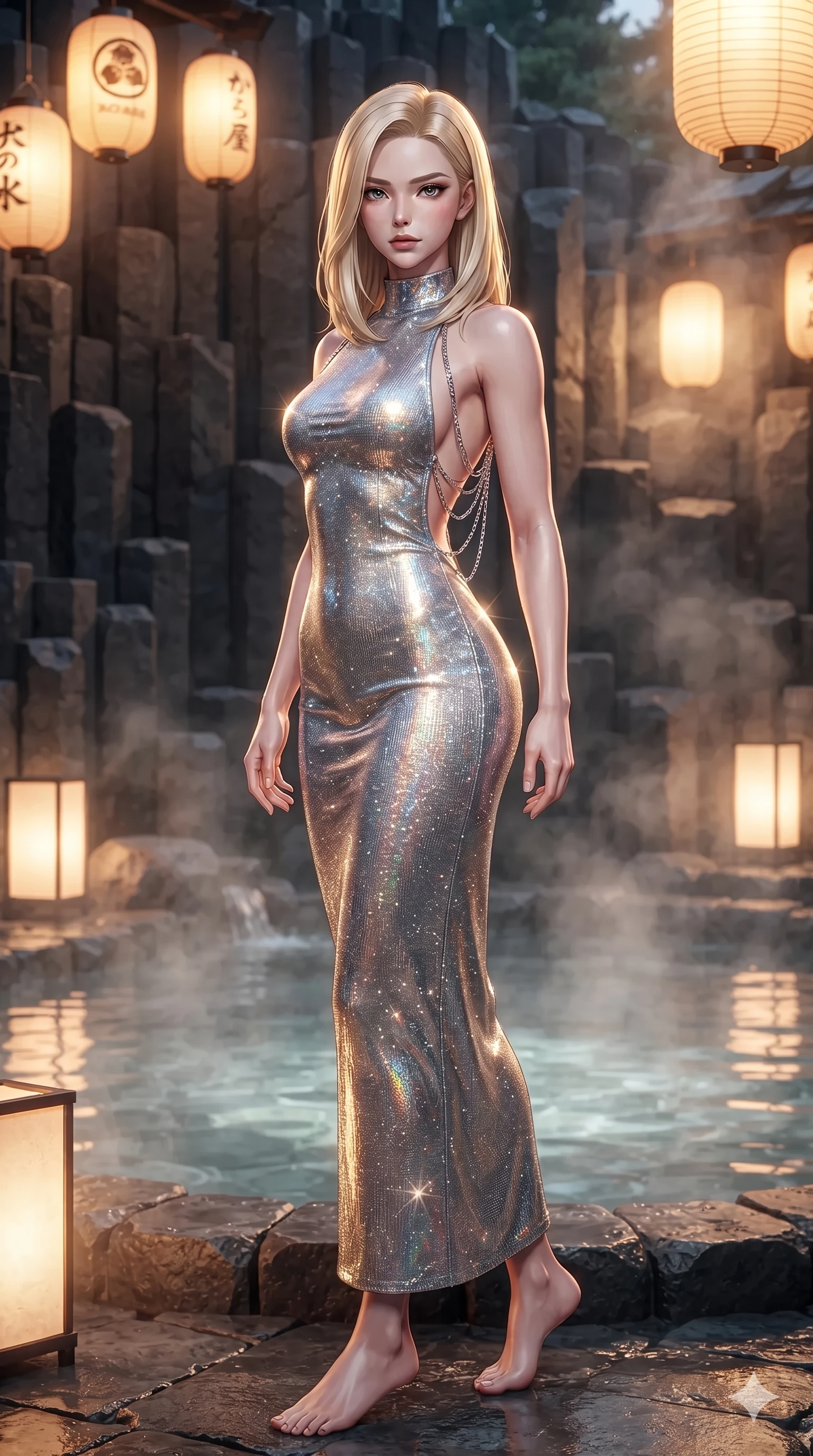 score_9, masterpiece, best quality, ultra-detailed, high-budget anime keyframe, editorial fashion photography, tasteful artistic composition, Korean woman. low angle full-body shot from head to toe showing her feet, filling the entire 9:16 vertical frame with her statuesque presence, stretching her vertical silhouette. reclining gracefully across the plush chaise lounge with one leg extended, her sculpted silhouette and flat midriff radiating magnetic nocturnal glamour while standing poised beside the steaming thermal plunge pool, arching her spine with ethereal siren poise as warm amber lantern light washes over her. The surrounding environment is rendered in vivid detail and crisp panoramic clarity: sharp columnar basalt geometry, textured stone carving reliefs, and crisp paper lantern crease lines in deep focus. She has an exceptionally tall and slender model-like 8.5-heads proportion, an ultra-slim waist, a flat toned midriff, narrow delicate ribcage, and beautifully sculpted feminine hips creating a graceful, slim hourglass silhouette without any bulky heaviness, with impossibly long slender legs. sharp v-shaped jawline, high-bridge nose, intricate jewel-like sparkling eyes with depth, thick eyelashes, glossy parted lips with a natural sheen, intensely captivating and seductive bedroom-eyes expression, exuding both youthful cute charm and sovereign luxury allure, flawlessly proportioned anatomical accuracy, strict slender model proportions, natural body alignment, perfectly sculpted long slender limbs, ultra-slim waistline, clean dynamic posture without body distortion. wearing a body-contouring metallic lurex knit column dress casting radiant starlight shimmer across her flat midriff in iridescent mother-of-pearl and liquid molten silver, woven from stretch metallic lurex jersey casting radiant starlight glints across her curves, accented with an open-back drape framed by falling strands of delicate chrome chains, the form-contouring material adhering flawlessly to her sculpted flat midriff and slender torso, emphasizing her long leg lines and perfectly proportioned willowy build. illuminated by water reflection bounce and sharp amber-gold rim lights sculpting her razor-sharp jawline, narrow waist, and curvy hips. ultra-reflective glossy finish, specular highlights, rich textural contrasts, high-contrast stereoscopic depth, volumetric dynamic lighting, 2k, ultra detail, master piece, 9:16 ratio
