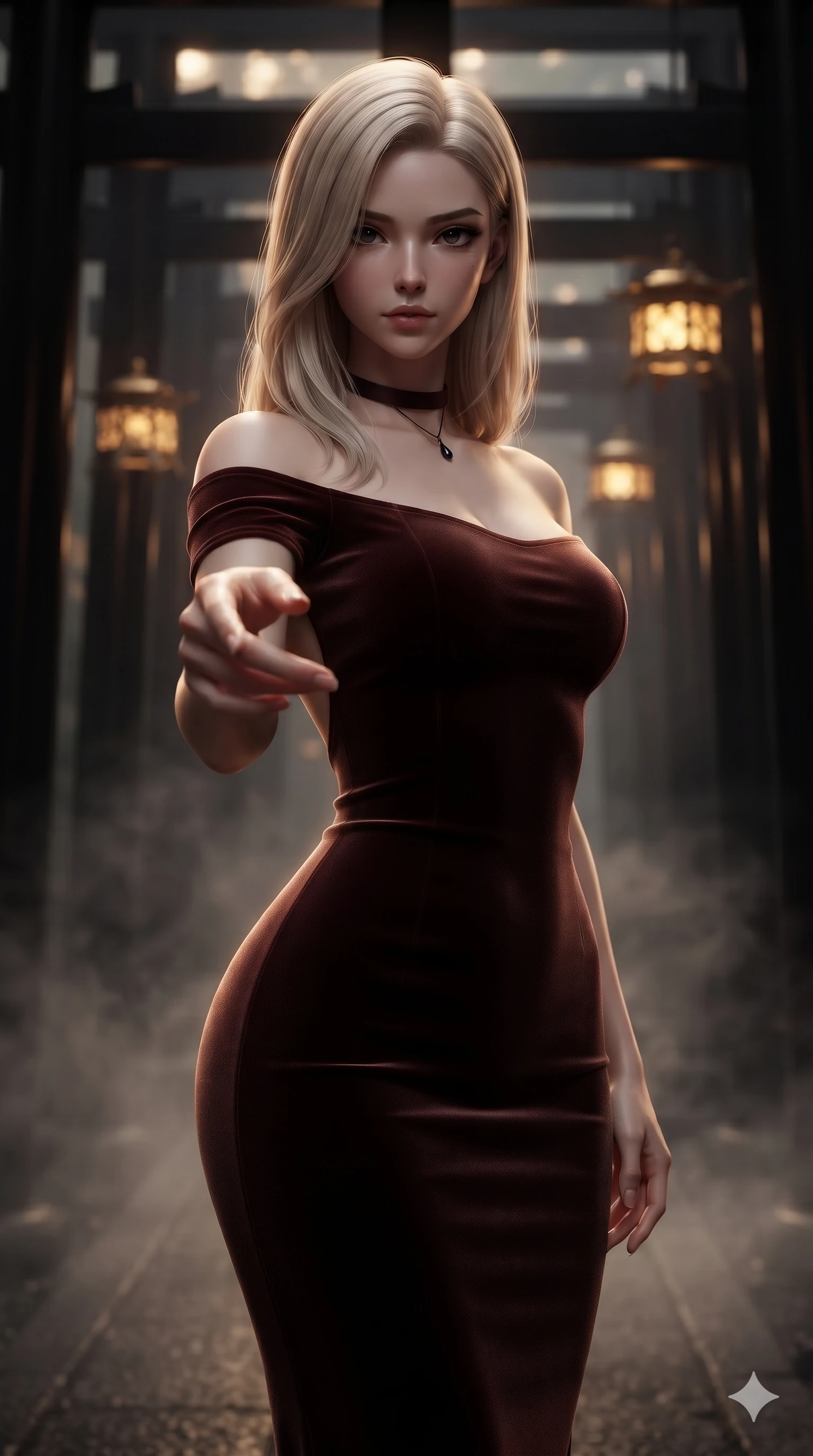 score_9, masterpiece, best quality, ultra-detailed, high-budget anime keyframe, editorial fashion photography, tasteful artistic composition, Caucasian woman. close-up cowboy shot from the waist and thighs up, the character dominates the composition, filling the frame with her large presence. reaching one hand toward the viewer with relaxed dark elegance, her sculpted waistline catching specular highlights while twisting her slender torso in an alluring contrapposto stance between repeating dark pillars, golden lantern beams tracing her flat midriff and curvy hips. The background shows a soft-focus receding lines of black lacquer Torii gates, hanging brass lanterns, and swirling mountain fog blurred into gold, amber, and pitch-black bokeh. She has an exceptionally elegant, slender, and willowy female figure with an ultra-slim waist, flat toned midriff, narrow ribcage, and sculpted feminine hips creating an alluring, slim hourglass silhouette without bulk. sharp v-shaped jawline, high-bridge nose, intricate jewel-like dark sparkling eyes with hypnotic seductive depth, thick curled eyelashes, glossy parted lips with a natural wine sheen, alluring bedroom-eyes with an enigmatic smoldering smile, exuding magnetic sovereign charisma and dark avant-garde glamour, flawlessly proportioned anatomical accuracy, strict slender model proportions, natural body alignment, perfectly sculpted long slender limbs, ultra-slim waistline, clean dynamic posture without body distortion. wearing a form-contouring off-shoulder dark velvet bodycon midi dress with low-back scoop in dark mahogany and brushed gunmetal, woven from matte carbon-fiber weave with high-tech structural hold, finished with a minimalist dark choker and a single teardrop pendant, the liquid-tight tailored fabric clinging flawlessly to her narrow waist and rounded feminine hips, emphasizing every millimeter of her sculpted slim hourglass curves without any bulky heaviness. bathed in warm dramatic lantern rays cutting through thick midnight mist contrasted with pitch-black forest shadows. ultra-reflective glossy finish, specular highlights, metallic sheen, high-contrast stereoscopic depth, volumetric dynamic lighting, 2k, ultra detail, master piece, 9:16 ratio
