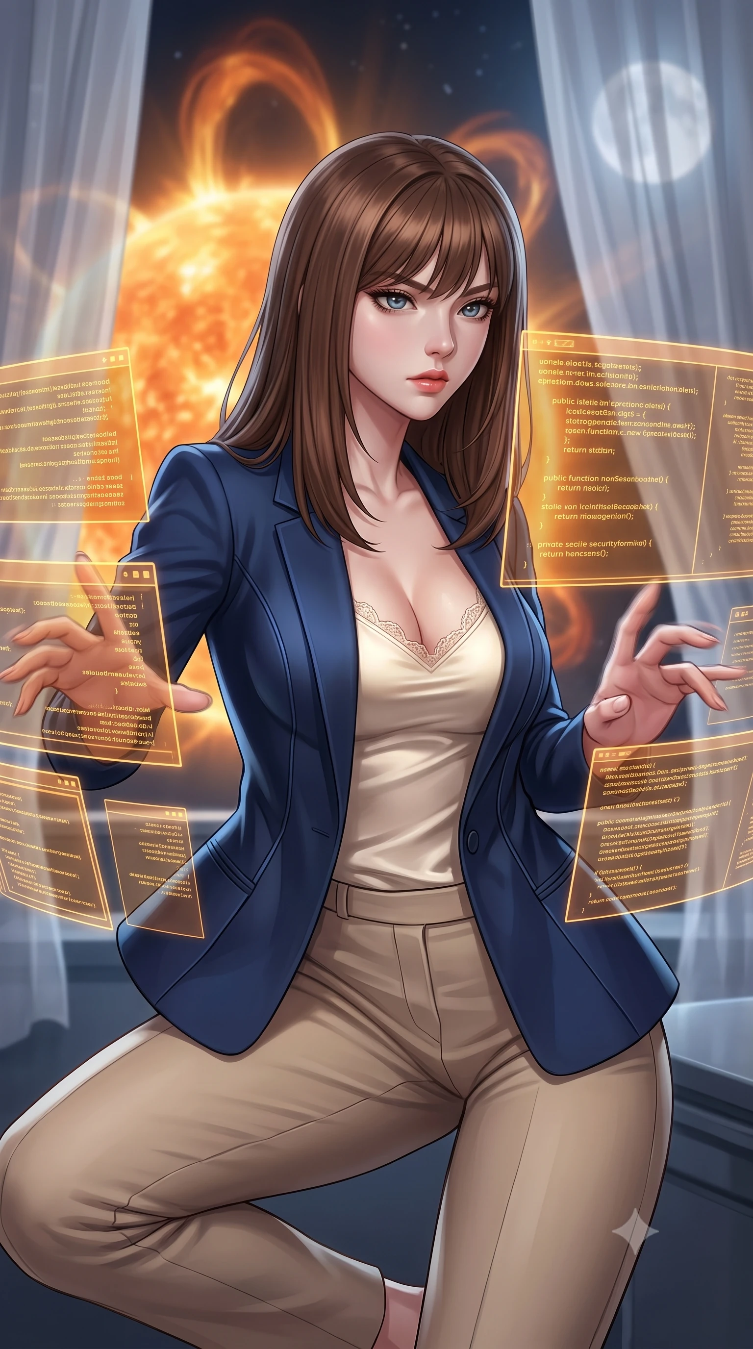 score_9, masterpiece, best quality, ultra-detailed, high-budget anime keyframe, editorial fashion photography, tasteful artistic composition, Korean woman. close-up cowboy shot from the waist and thighs up, the character dominates the composition, filling the frame with her large presence, background elements kept in soft focus. Hacking a security terminal in a low crouch, fingers moving in a blur as amber code screens surround her. set against a soft-focus background of a research platform close to a giant star, massive magnetic loops of solar plasma arcing into the space corona. She has an exceptionally elegant and slender, willowy female figure with an ultra-slim waist, a gracefully sculpted slender torso, and a refined slim physique. sharp v-shaped jawline, high-bridge nose, intricate jewel-like eyes with depth, thick eyelashes, glossy lips with a natural sheen. wearing tailored for maximum mobility, sleek form-contouring panels that allow fluid movement, a body-hugging cream satin camisole with delicate lace trim, layered under a structured navy blazer and beige trousers. highly saturated vibrant anime colors, intense vivid color palette, soft 3D volumetric shading, volumetric dynamic lighting, cold silver moonlight filtered through translucent gossamer curtains casting delicate shadows. 2k, ultra detail, master piece, 9:16 ratio