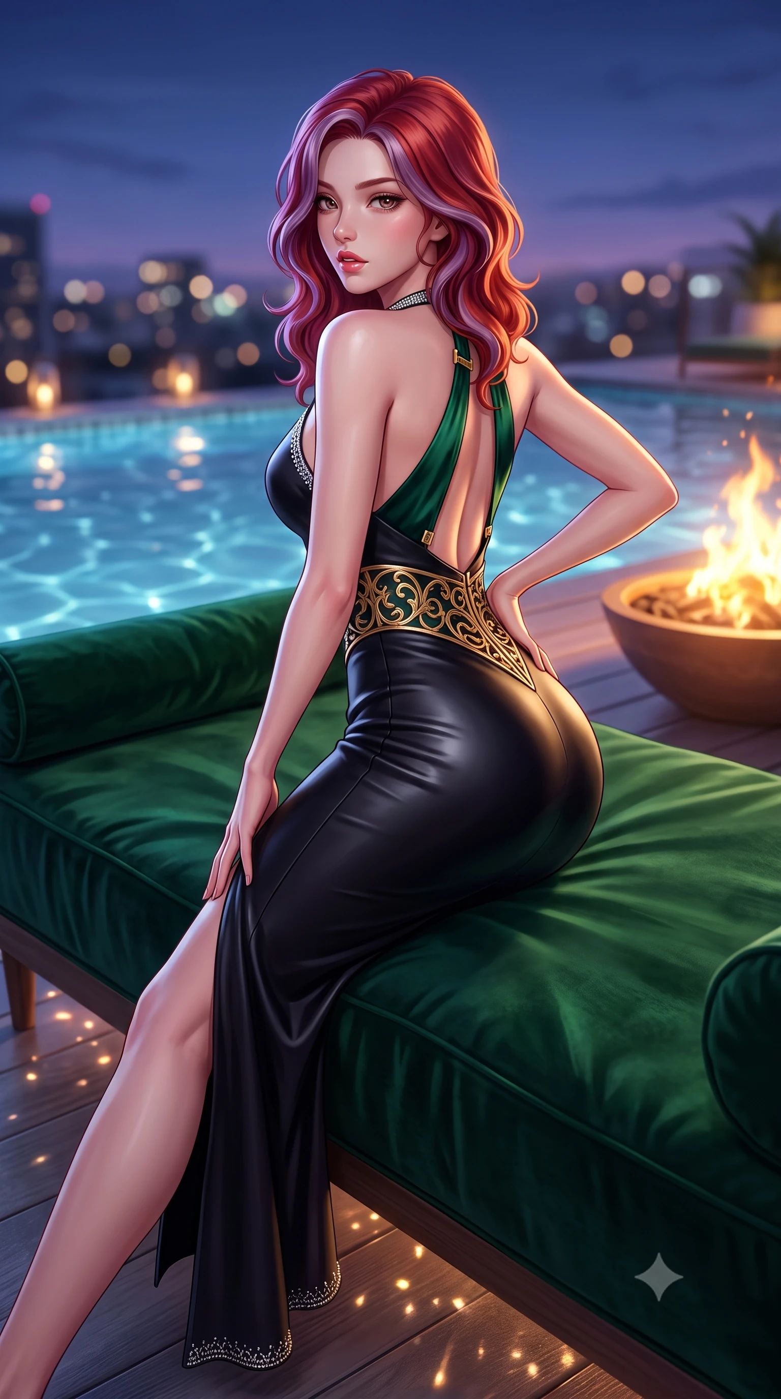 score_9, masterpiece, best quality, ultra-detailed, high-budget anime keyframe, semi-realistic 3D game render, editorial fashion photography, tasteful artistic composition, Caucasian woman. close-up cowboy shot from the waist and thighs up, the character dominates the composition, filling the frame with her large presence. posing in an alluring rear three-quarter angle, arching her lower back in a pronounced S-curve with one hand on her hip, glancing seductively over her bare shoulder with parted glossy lips while reclining on her side across a floating velvet infinity daybed, one leg extended and torso propped on one elbow to accentuate the sweeping line of her curvy hips. The composition keeps background elements in soft focus with creamy bokeh. shimmering pool caustics and city light reflections scattering radiant light motes across the deck. She has an exceptionally elegant, slender, and willowy female figure with an ultra-slim waist, a gracefully sculpted slender torso, toned flat midriff, and rounded feminine hips creating an alluring hourglass silhouette. sharp v-shaped jawline, high-bridge nose, intricate jewel-like eyes with depth, thick eyelashes, glossy parted lips with a natural sheen, intensely captivating and seductive bedroom-eyes expression, flawlessly proportioned anatomical accuracy, strict slender model proportions, natural body alignment, perfectly sculpted long slender limbs, ultra-slim waistline, clean dynamic posture without body distortion. wearing a sleek obsidian column dress with gold filigree hip cincher and plunging backline in deep emerald green satin and gold hardware, crafted from second-skin supple lambskin leather with specular sheen, finished with delicate crystal embroidery along the neckline and hem, the glove-like aerodynamic silhouette tightly following the natural contour of her hips and long slender legs with statuesque precision. bathed in twilight indigo sky tones and warm amber rooftop fire pit glow. highly saturated vibrant anime colors, detailed shading with soft gradients, rich glossy textures, high-contrast stereoscopic depth, volumetric dynamic lighting, master piece, 9:16 ratio