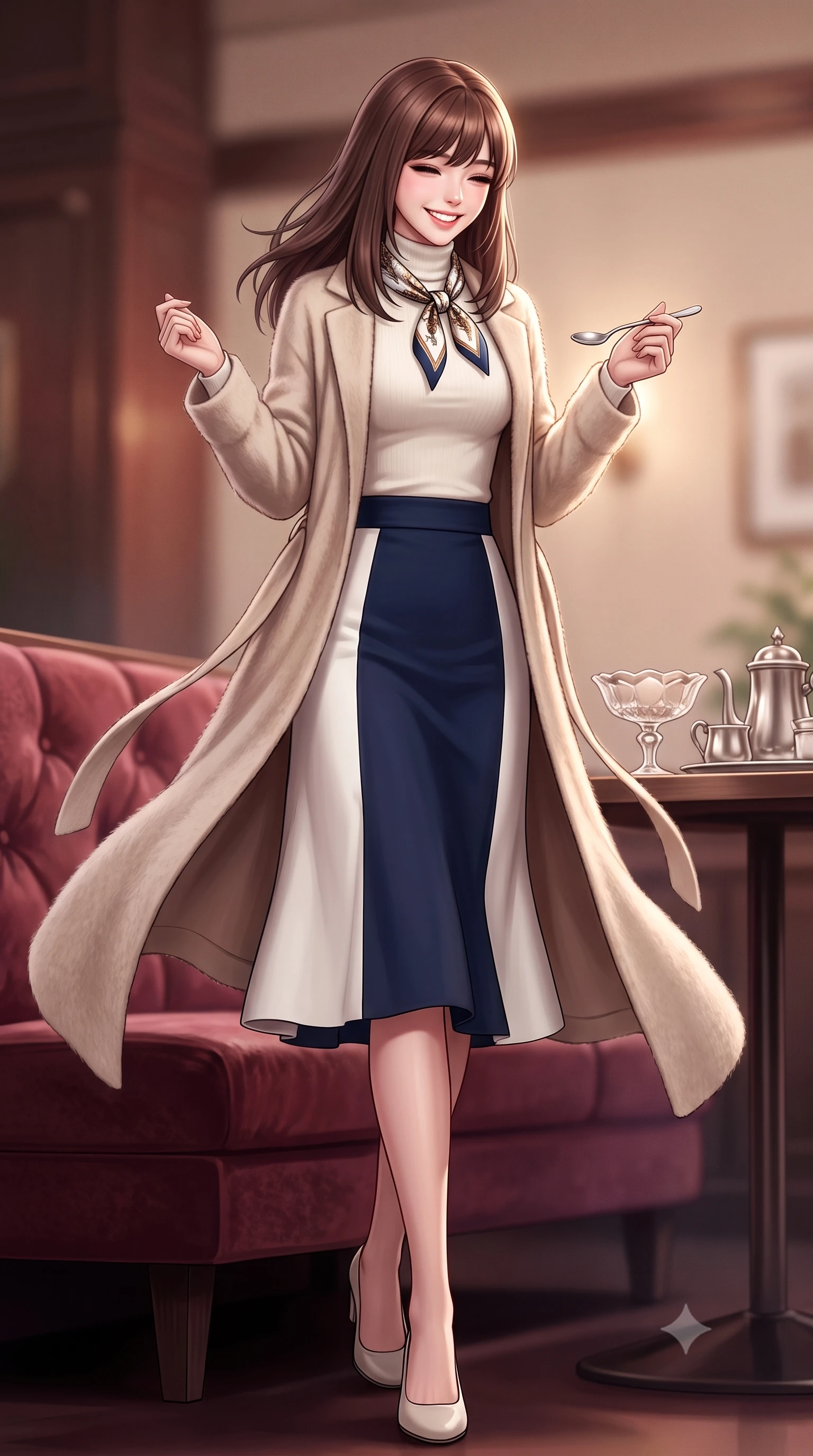 score_9, masterpiece, best quality, ultra-detailed, high-budget anime keyframe, semi-realistic 3D game render, editorial fashion photography, tasteful artistic composition, Korean woman. low angle full-body shot from head to toe showing her feet, filling the entire 9:16 vertical frame with her statuesque presence, stretching her vertical silhouette. stepping forward gracefully in mid-motion with a radiant beaming smile, her long tailored coat fluttering around her slender legs while perched gracefully on the edge of the velvet banquette, holding a silver dessert spoon with playful, charming elegance. The background shows a soft-focus vintage crystal dessert coupes and silver coffee services softened in nostalgic Tokyo cafe romance shallow focus. She has an exceptionally tall and slender model-like 8.5-heads proportion, an ultra-slim waist, a flat toned midriff, narrow delicate ribcage, and beautifully sculpted feminine hips creating a graceful, slim hourglass silhouette without any bulky heaviness, with impossibly long slender legs. sharp v-shaped jawline, high-bridge nose, intricate jewel-like sparkling eyes with depth, thick eyelashes, glossy parted lips with a natural peach sheen, bright cheerful beaming smile with an enchanting and coquettish sensual glint, exuding both youthful cute charm and seductive allure, flawlessly proportioned anatomical accuracy, strict slender model proportions, natural body alignment, perfectly sculpted long slender limbs, ultra-slim waistline, clean dynamic posture without body distortion. wearing a luxurious longline cashmere cardigan coat with a belted waist worn over an ivory turtleneck and wool midi skirt in French navy blue and crisp alabaster white, woven from plush alpaca yarn with a cloud-like fuzzy texture and soft halo, finished with a printed silk twilly scarf knotted gracefully around her neck, the precision-cut high-waisted tailoring accentuating her ultra-slim waist and long slender leg line with immaculate aristocratic poise. illuminated by rosewood wall and brass reflection bounce with crisp champagne rim lights defining her cheekbones and slender waist. highly saturated vibrant anime colors, detailed shading with soft gradients, rich glossy textures, high-contrast stereoscopic depth, volumetric dynamic lighting, master piece, 9:16 ratio