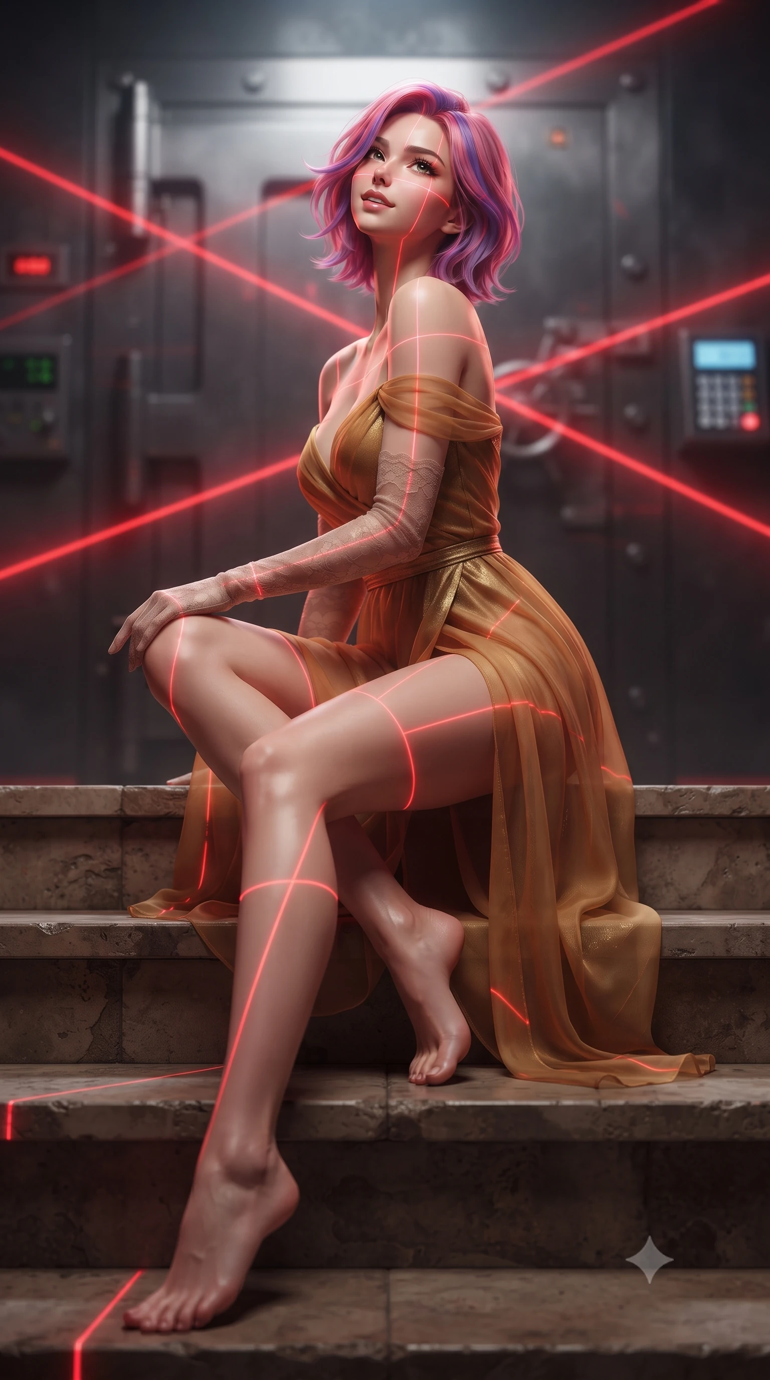 score_9, masterpiece, best quality, ultra-detailed, high-budget anime keyframe, editorial fashion photography, tasteful artistic composition, Caucasian woman. low angle full-body shot from head to toe showing her feet, filling the entire 9:16 vertical frame with her statuesque presence, stretching her vertical silhouette. sitting poised on the stone steps with one knee bent, arching her spine with supermodel elegance as she glances upward through thick eyelashes while twisting her slender torso in an alluring contrapposto stance, crimson security lasers painting glowing geometric lines across her curves. The background shows a soft-focus criss-crossing red laser beams, heavy vault hinges, and high-tech keypad consoles blurred into ruby, charcoal, and platinum bokeh. She has an absolutely perfect, statuesque 8.5-heads proportion, an exceptionally tall and slender model-like female figure with impossibly long slender legs, an ultra-slim waist, a flat toned midriff, narrow delicate ribcage, and beautifully sculpted feminine hips creating a graceful, slim hourglass silhouette without any bulky heaviness. sharp v-shaped jawline, high-bridge nose, sparkling eyes with hypnotic seductive depth, thick curled eyelashes, glossy parted lips with a natural dewy peach sheen, alluring bedroom-eyes with an enchanting coquettish smile, exuding magnetic siren charisma and sophisticated glamour, flawlessly proportioned anatomical accuracy, strict slender model proportions, natural body alignment, perfectly sculpted long slender limbs, ultra-slim waistline, clean dynamic posture without body distortion. wearing a delicate sheer gossamer chiffon ballet wrap dress slipping off bare shoulders with a daring hip-high leg slit in warm amber honey and antique gold leaf, woven from buttery-soft stretch lambskin leather adhering to her body like a second skin, complemented by sheer opera-length lace evening gloves tracing her slender arms, the liquid-tight tailored fabric clinging flawlessly to her narrow waist and rounded feminine hips, emphasizing every millimeter of her sculpted slim hourglass curves without any bulky heaviness. illuminated by security console backlights and sharp red-and-white rim lighting sculpting her razor-sharp jawline, narrow waist, and curvy hips. ultra-reflective glossy finish, specular highlights, rich textural contrasts, high-contrast stereoscopic depth, volumetric dynamic lighting, 2k, ultra detail, master piece, 9:16 ratio