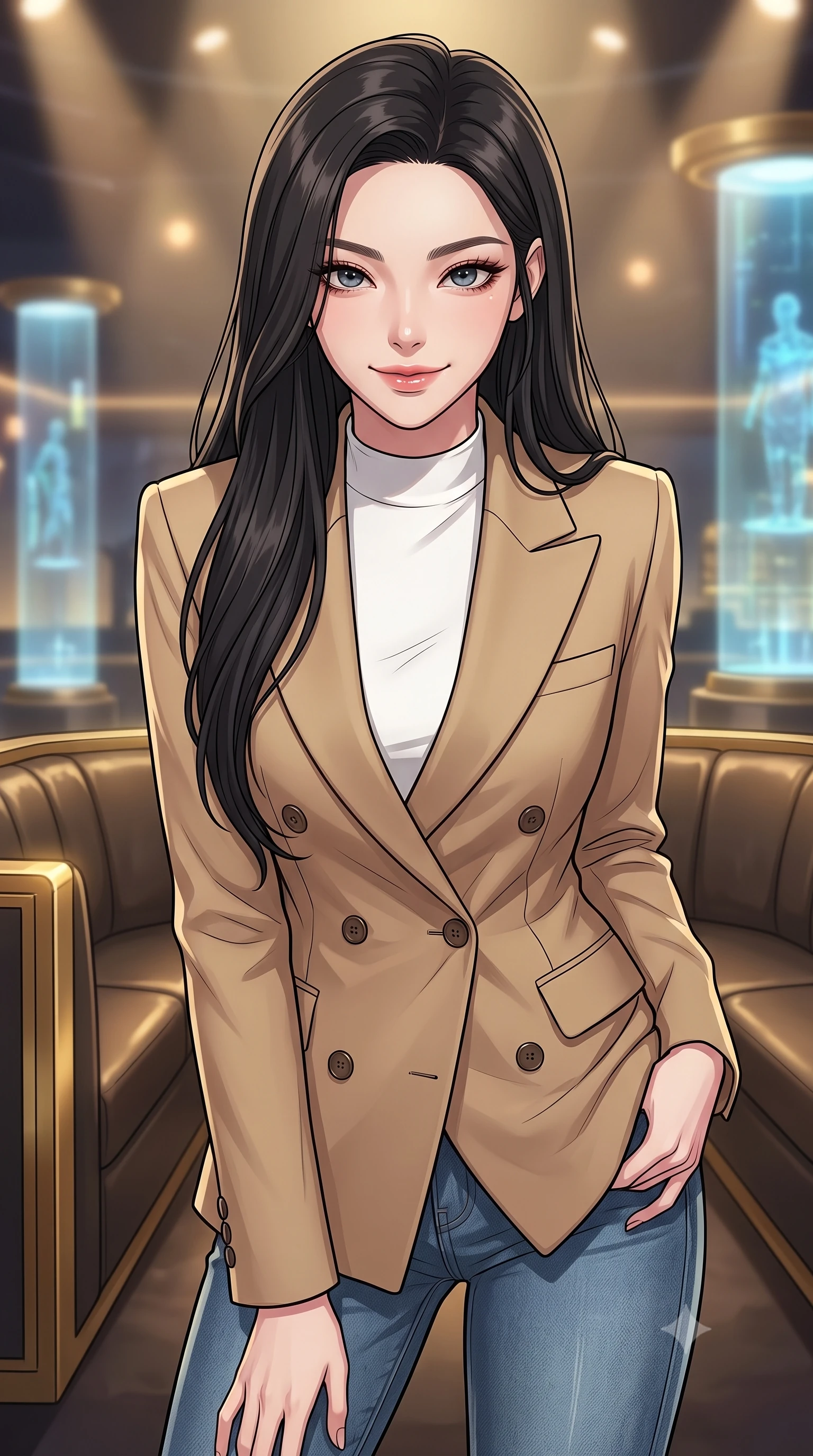 score_9, masterpiece, best quality, ultra-detailed, high-budget anime keyframe, tasteful artistic composition, Korean woman. close-up cowboy shot from the waist and thighs up, the character dominates the composition, filling the frame with her large presence, background elements kept in soft focus. leaning slightly forward with a playful, teasing smile, her gaze locked onto the viewer the background shows a soft-focus a futuristic VIP lounge with gold-trimmed leather booths and holographic projection pillars. She has an exceptionally elegant, slender, and willowy female figure with an ultra-slim waist, a gracefully sculpted slender torso, and a refined silhouette. sharp v-shaped jawline, high-bridge nose, intricate jewel-like eyes with depth, thick eyelashes, glossy lips with a natural sheen. wearing a slim-fit tailored double-breasted blazer in sand wool, worn over a white mock-neck tee and denim jeans. soft warm spotlights creating a premium, mysterious atmosphere. highly saturated vibrant anime colors, cel-shading, 2d style, master piece, 9:16 ratio