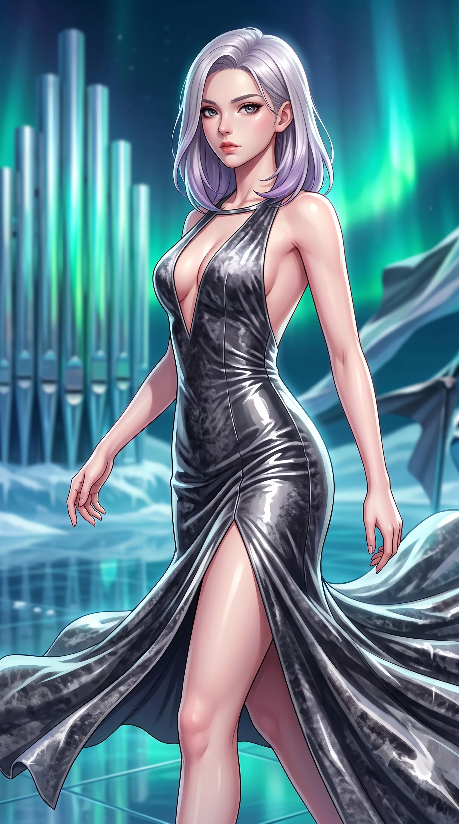 score_9, masterpiece, best quality, ultra-detailed, high-budget anime keyframe, editorial fashion photography, tasteful artistic composition, Caucasian woman. close-up cowboy shot from the waist and thighs up, the character dominates the composition, filling the frame with her large presence, background elements kept in soft focus. Gazing past the lens with composed intensity as her torso curves dynamically in mid-motion while pivoting in a mid-stride turn while her velvet gown swirls over a glacial mirror floor, frozen organ pipes reflecting vivid green and cyan polar aurora lights dynamically. She has an exceptionally elegant, slender, and willowy female figure with an ultra-slim waist, a gracefully sculpted slender torso, and a refined silhouette. sharp v-shaped jawline, high-bridge nose, intricate jewel-like eyes with depth, thick eyelashes, glossy lips with a natural sheen, flawlessly proportioned anatomical accuracy, natural body alignment, perfectly sculpted elegant limbs, clean dynamic posture without body distortion. wearing a backless crushed velvet gown with a deep V-neckline and high thigh slit in charcoal grey and platinum, tailored from high-gloss patent leather, accented with a Tasteful chest slit framing her clavicle gracefully, the form-contouring material highlighting her ultra-slim waist and long lines. illuminated by dramatic opera key lights with ultra-bright specular highlights. highly saturated vibrant anime colors, detailed shading with soft gradients, rich glossy textures, high-contrast stereoscopic depth, volumetric dynamic lighting, master piece, 9:16 ratio