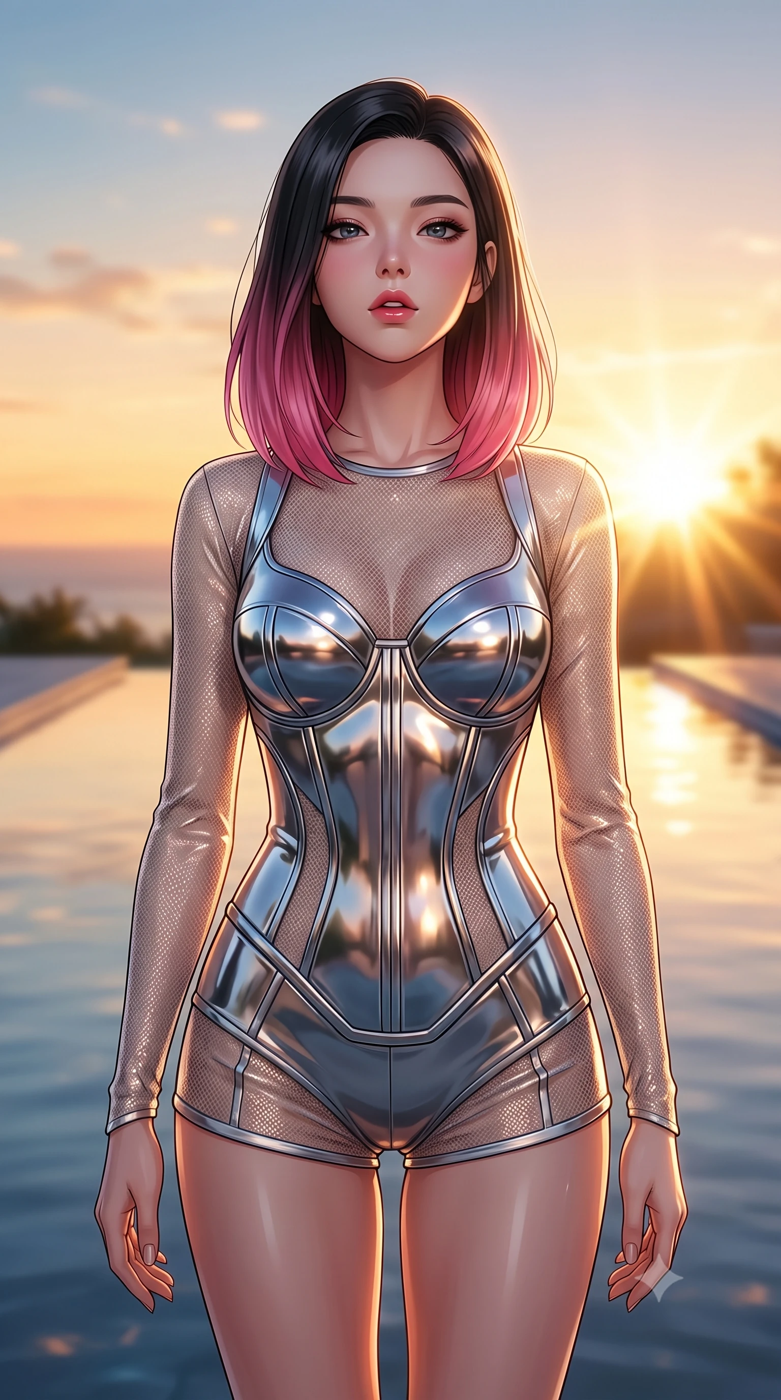 score_9, masterpiece, best quality, ultra-detailed, high-budget anime keyframe, editorial fashion photography, tasteful artistic composition, Korean woman. close-up cowboy shot from the waist and thighs up, the character dominates the composition, filling the frame with her large presence, background elements kept in soft focus. Tilting her chin up slightly with lips parted in a magnetic, composed expression poised beside a infinity reflecting pool mirroring a warm sunset sky, golden hour sunbursts creating a majestic rim lighting effect. She has an exceptionally elegant, slender, and willowy female figure with an ultra-slim waist, a gracefully sculpted slender torso, and a refined silhouette. sharp v-shaped jawline, high-bridge nose, intricate jewel-like eyes with depth, thick eyelashes, glossy lips with a natural sheen. wearing a metallic chrome-plated structured bodice worn over a sheer mesh-textured top and micro-shorts, the form-contouring material highlighting her ultra-slim waist and long lines. lit by brilliant warm key light softening into smooth, elegant gradients. highly saturated vibrant anime colors, detailed shading with soft gradients, rich glossy textures, high-contrast stereoscopic depth, volumetric dynamic lighting, master piece, 9:16 ratio