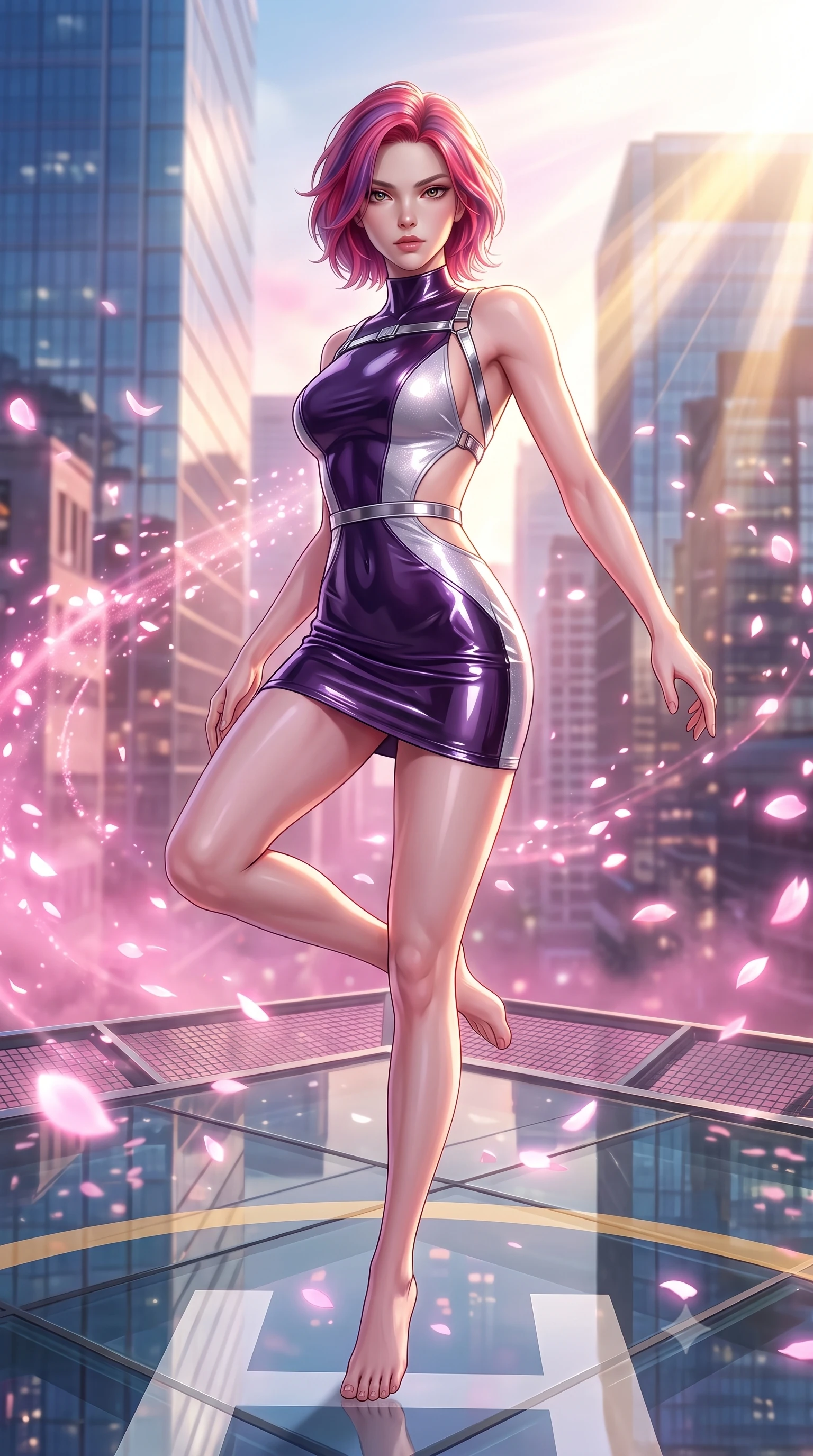 score_9, masterpiece, best quality, ultra-detailed, high-budget anime keyframe, semi-realistic 3D game render, editorial fashion photography, tasteful artistic composition, Caucasian woman. low angle full-body shot from head to toe showing her feet, filling the entire 9:16 vertical frame with her statuesque presence, stretching her vertical silhouette. performing an alluring mid-air vault with flawless poise, looking directly into the camera with smoldering intensity while pivoting dramatically on a glass rooftop helipad as glowing pink sakura petals swirl across the city night. The composition keeps background elements in soft focus with creamy bokeh. pink neon fog and streaming particle trails blurred smoothly into a breathtaking backdrop. She has an absolutely perfect, statuesque 8.5-heads proportion, an exceptionally tall and slender model-like female figure with impossibly long slender legs and an ultra-slim waist. sharp v-shaped jawline, high-bridge nose, intricate jewel-like eyes with depth, thick eyelashes, glossy lips with a natural sheen, flawlessly proportioned anatomical accuracy, natural body alignment, perfectly sculpted elegant limbs, clean dynamic posture without body distortion. wearing a second-skin fashion-latex mini dress with a clean architectural front, featuring an open-back design that wraps around the sides of her waist, showcasing her slender silhouette in dark amethyst purple and shimmering starlight silver, formed from high-gloss patent material with specular light reflections, reinforced by a sleek metallic chrome harness and delicate glowing micro-straps, the liquid-tight fabric adhering flawlessly to her sculpted torso and slender silhouette. bathed in brilliant morning sunlight and sharp sun rays reflecting off distant glass skyscrapers. highly saturated vibrant anime colors, detailed shading with soft gradients, rich glossy textures, high-contrast stereoscopic depth, volumetric dynamic lighting, master piece, 9:16 ratio